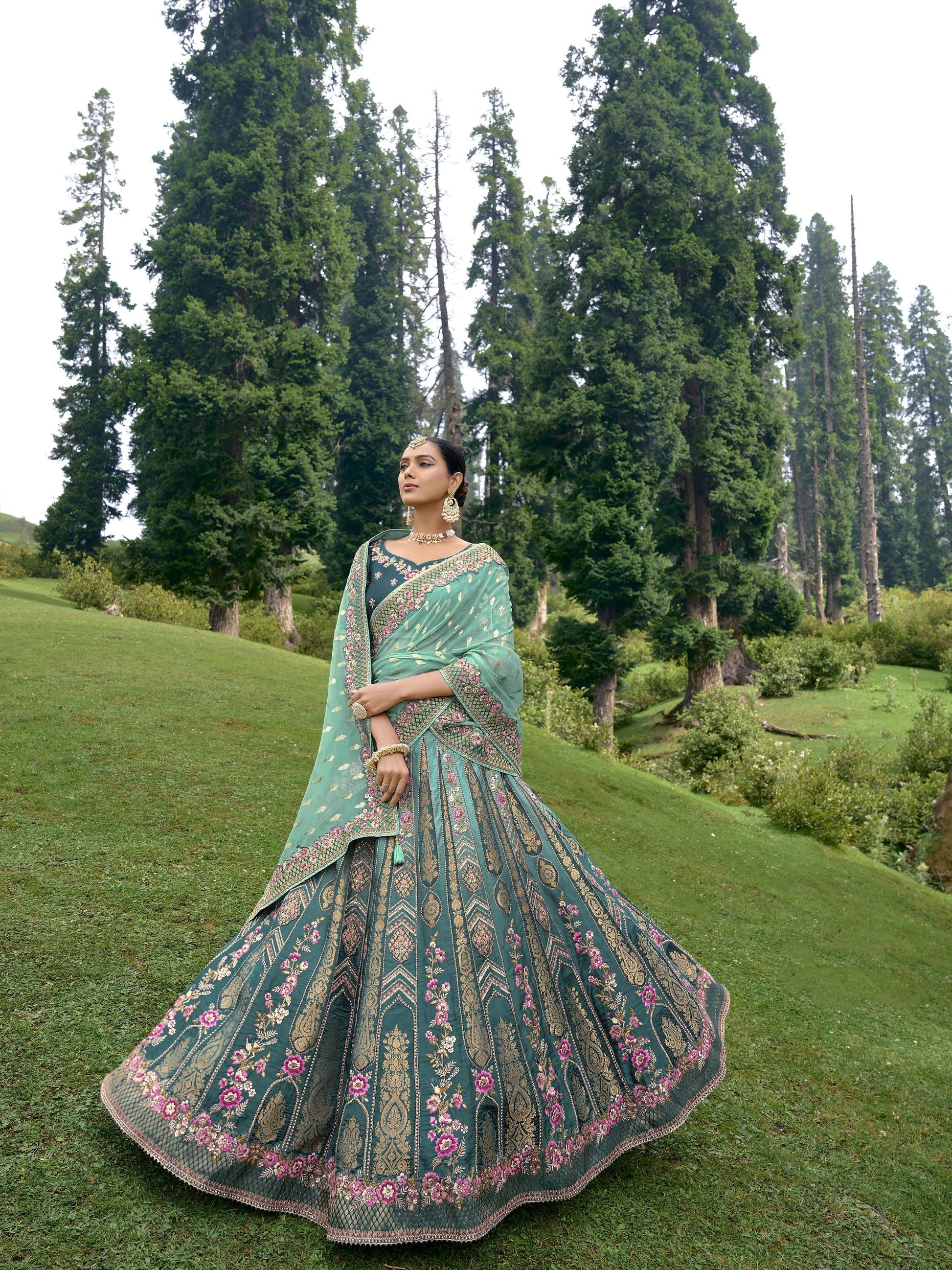 Aqua Green Silk Gota Embroidered Wedding Lehenga