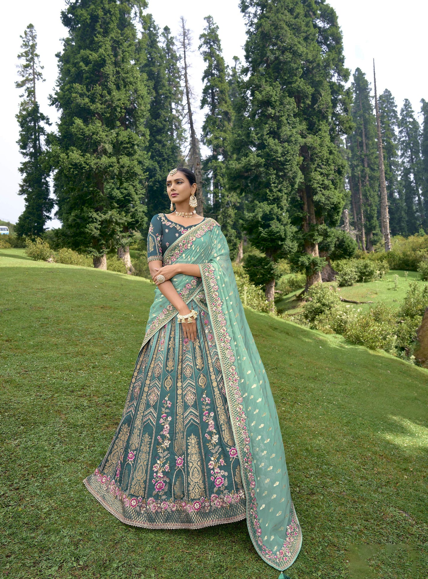 Aqua Green Silk Gota Embroidered Wedding Lehenga