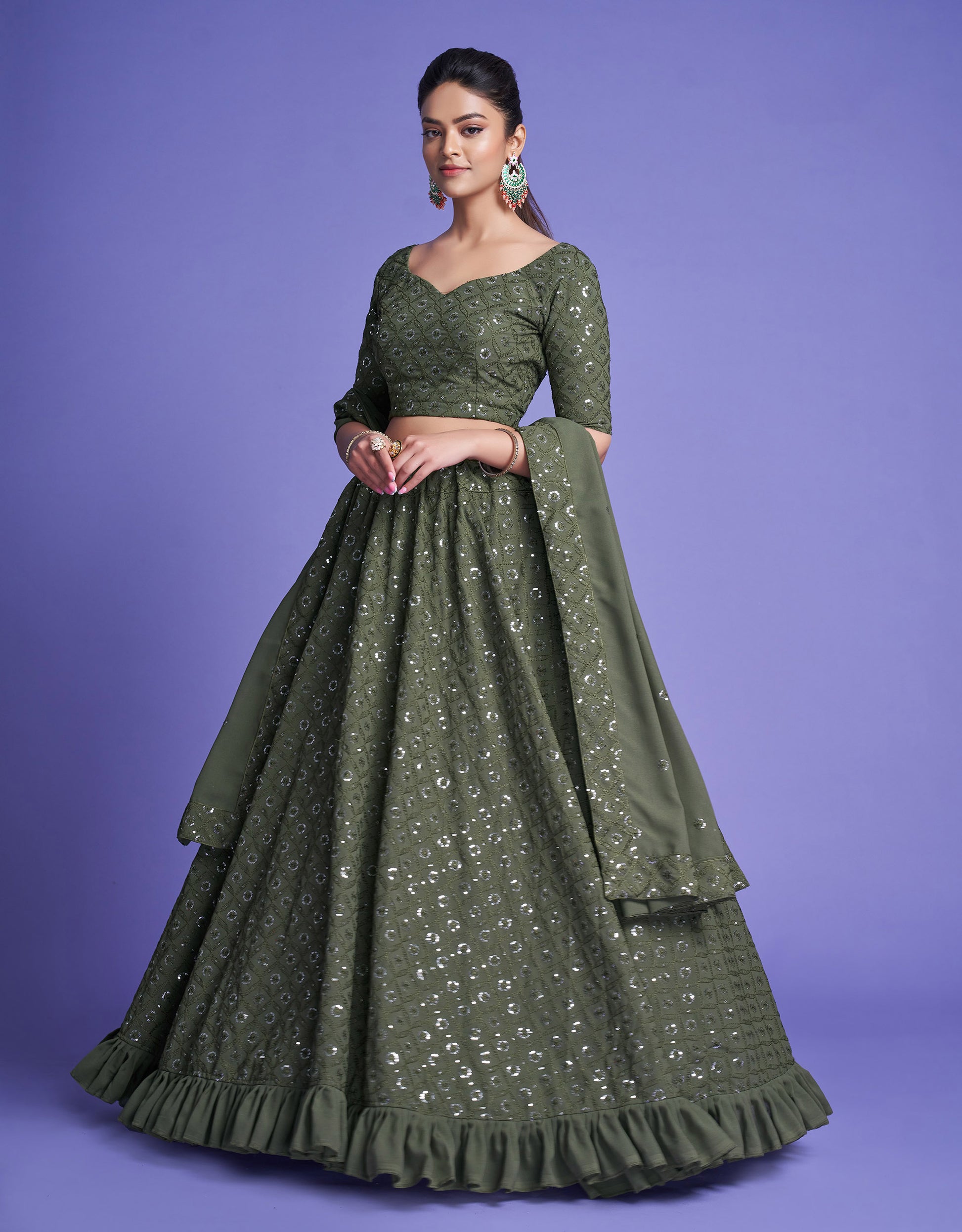 Green Diamond Georgette Sequins Work Mehendi Lehenga