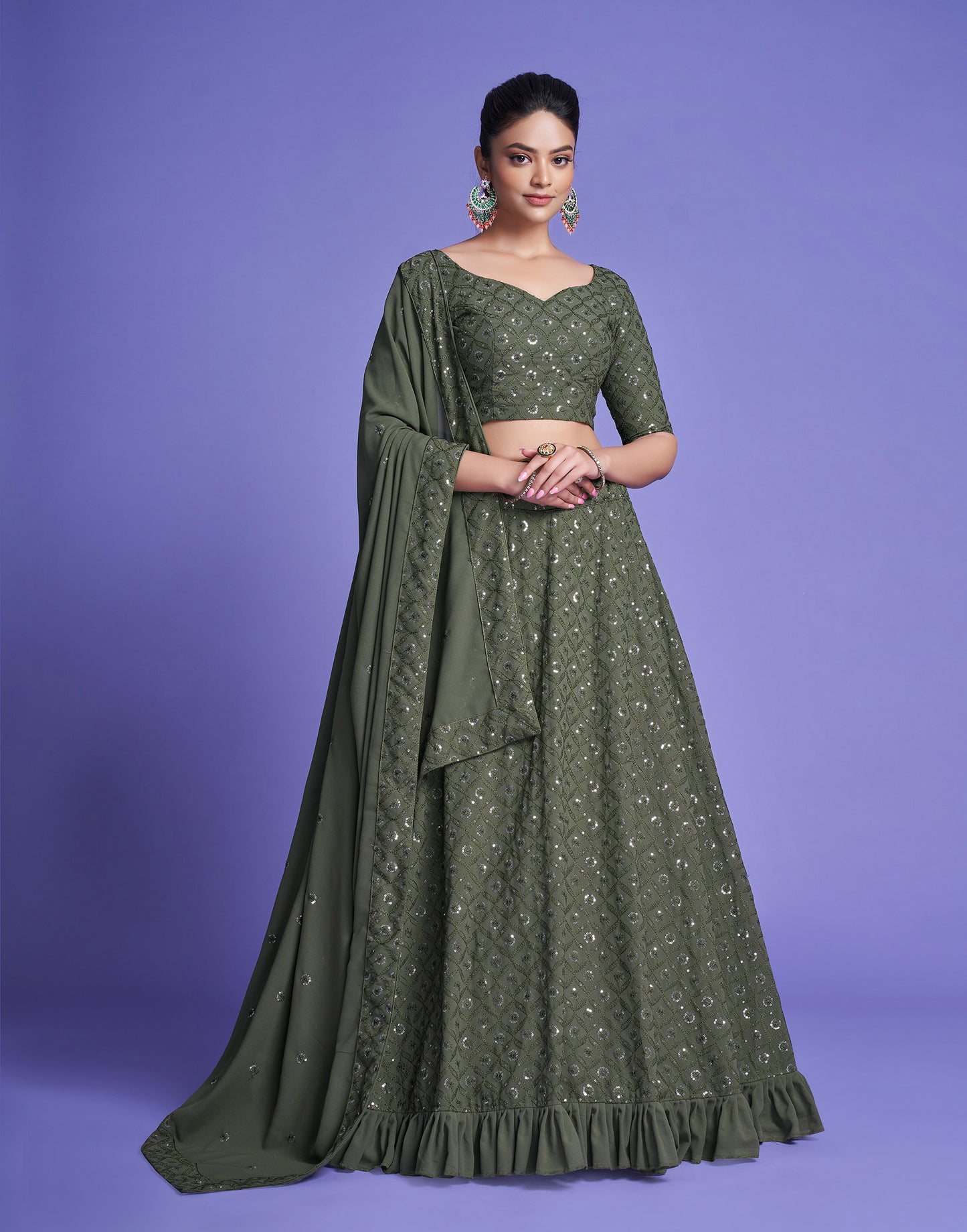 Green Diamond Georgette Sequins Work Mehendi Lehenga