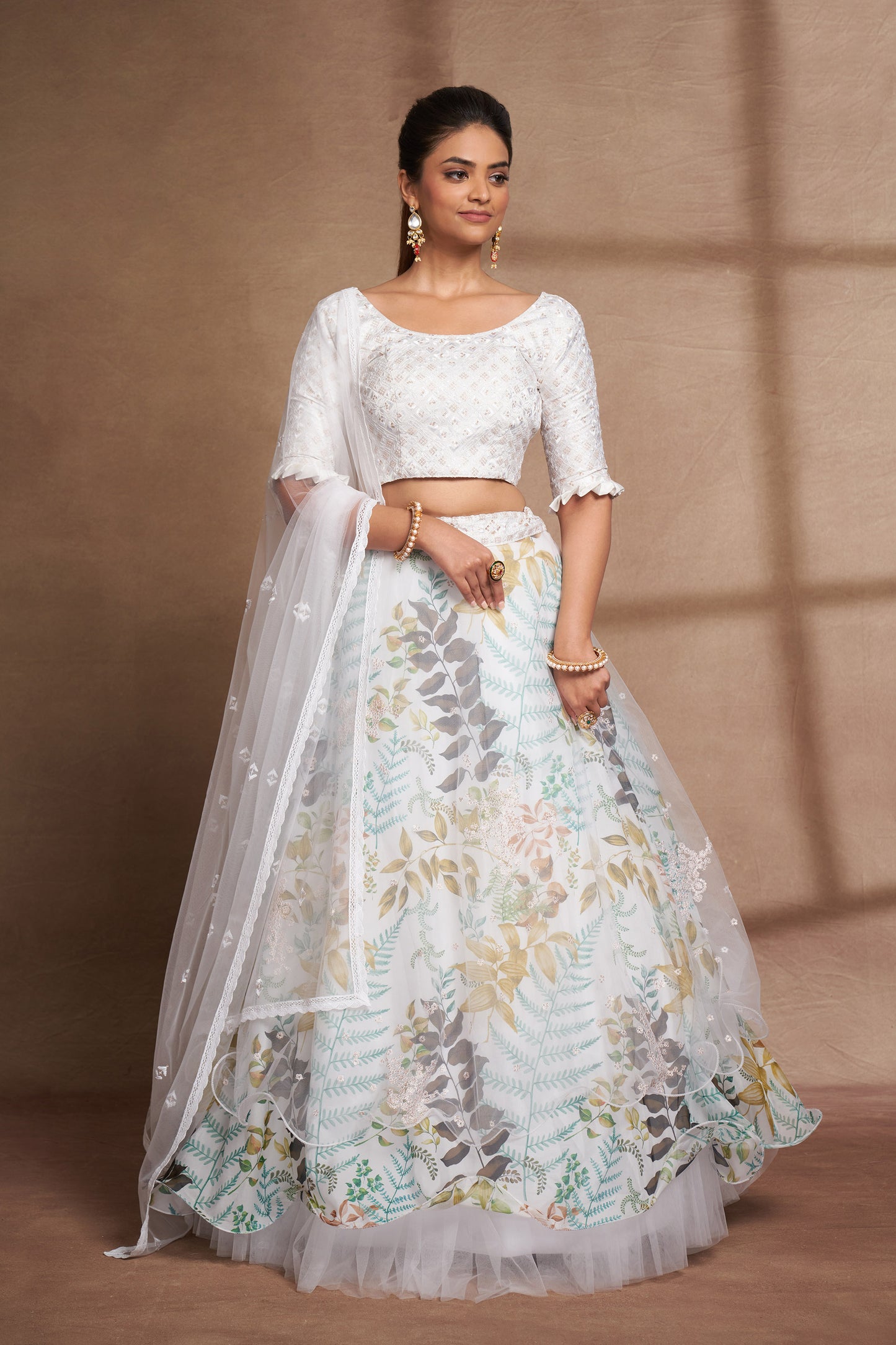 White Organza & Net Sequins Embroidery Engagement Lehenga