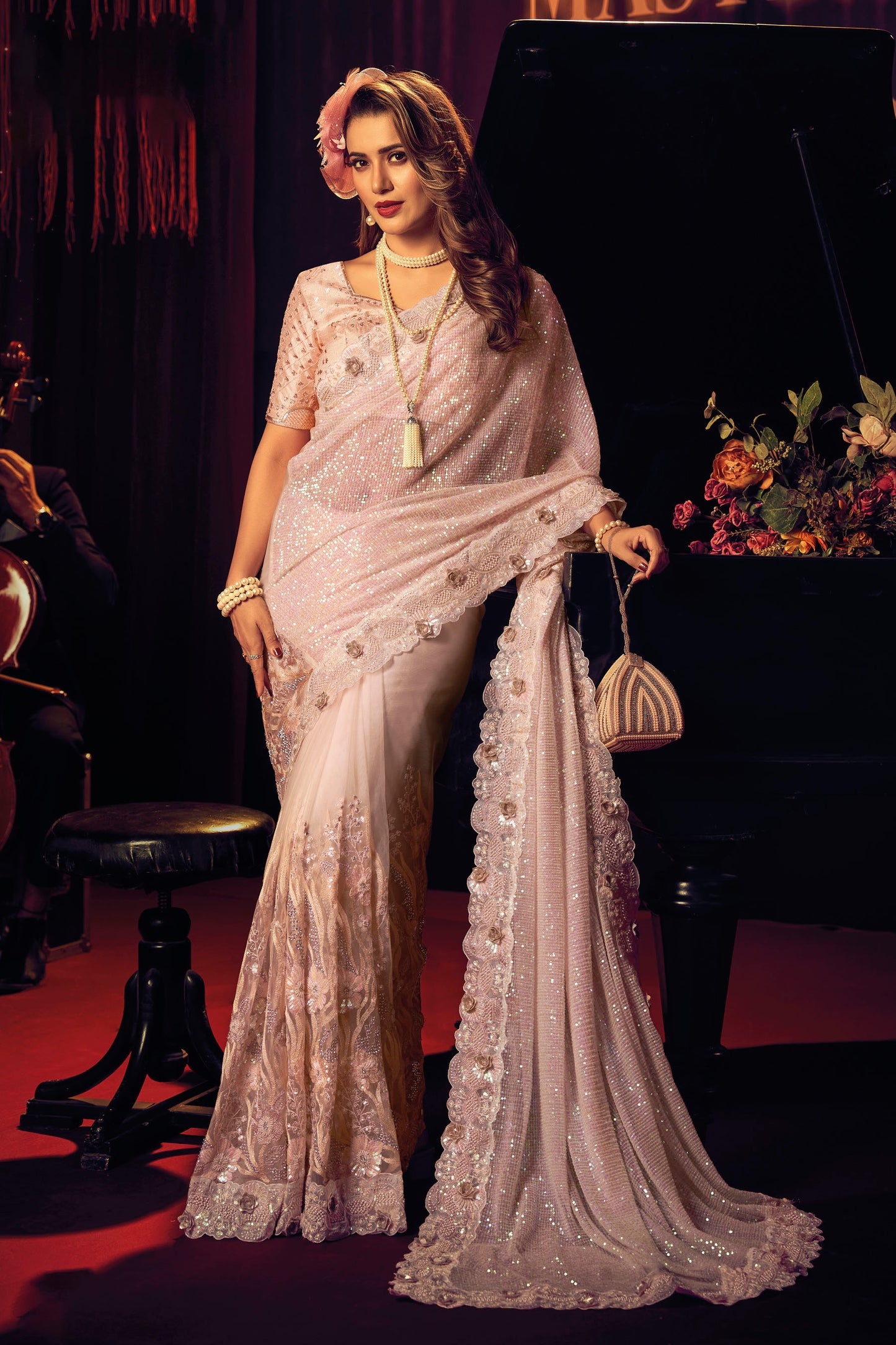 Peach Sequins Embroidery Digital Net Saree for Cocktail