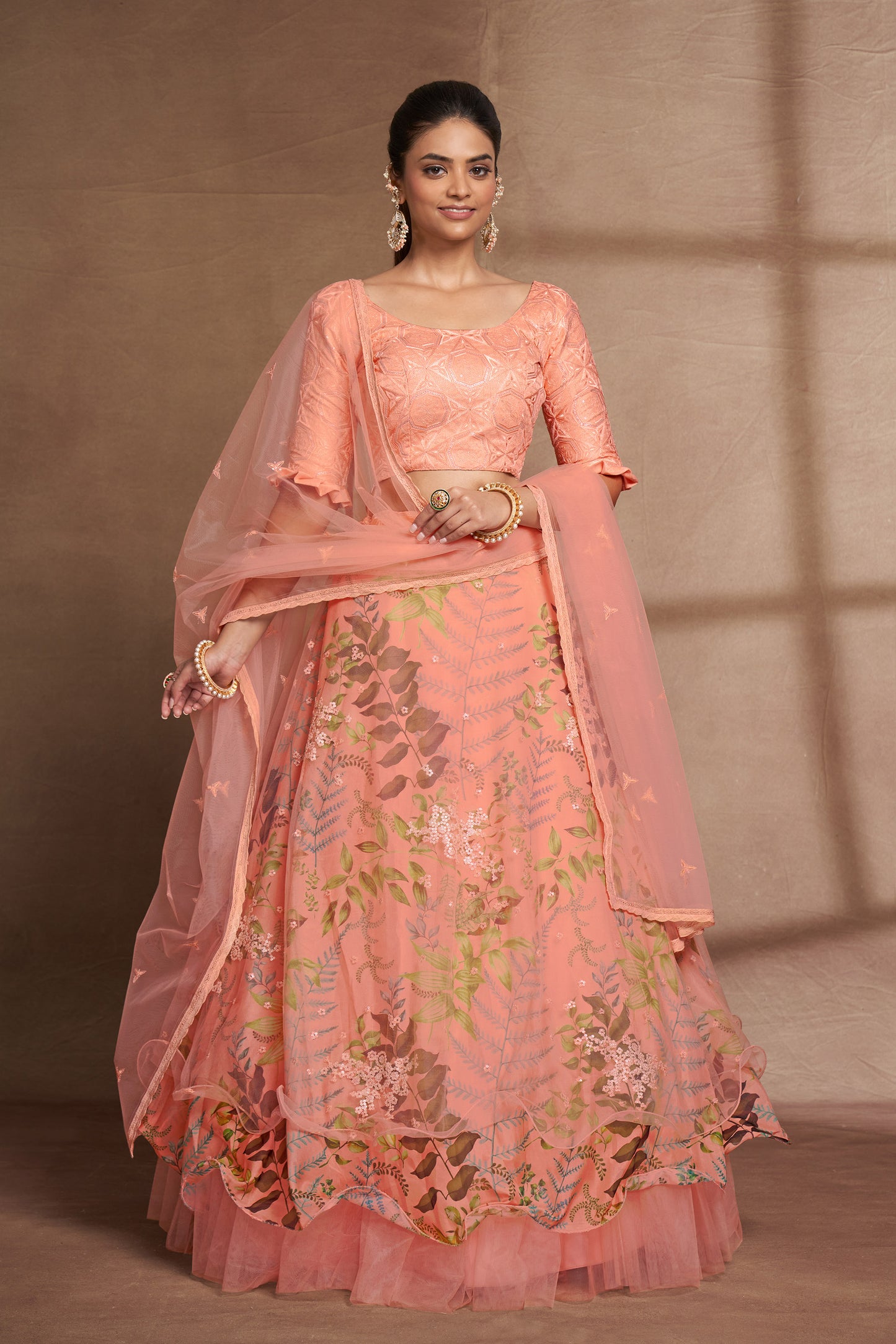 Peach Organza & Net Sequins Embroidery Party Wear Lehenga