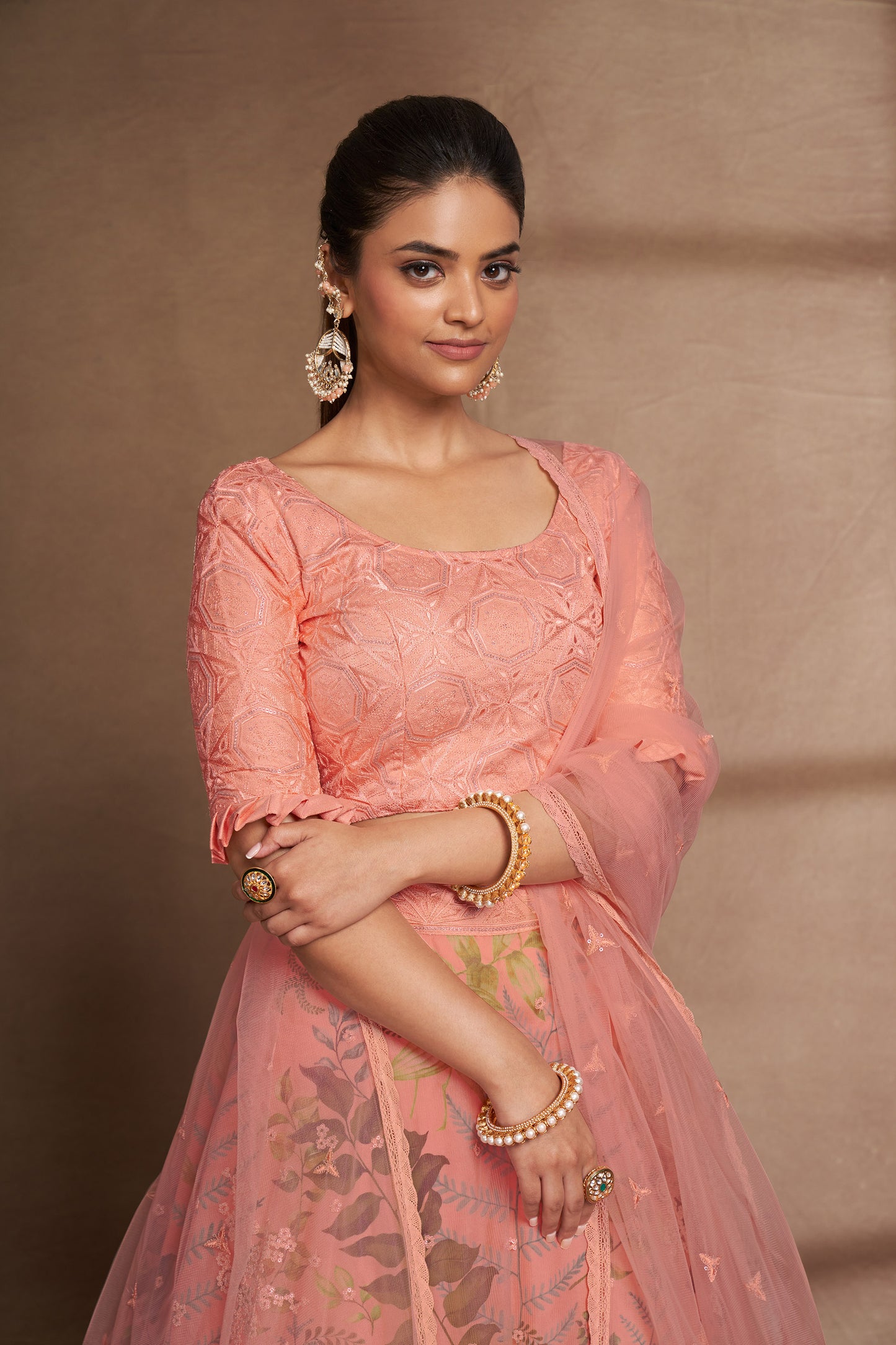 Peach Organza & Net Sequins Embroidery Party Wear Lehenga