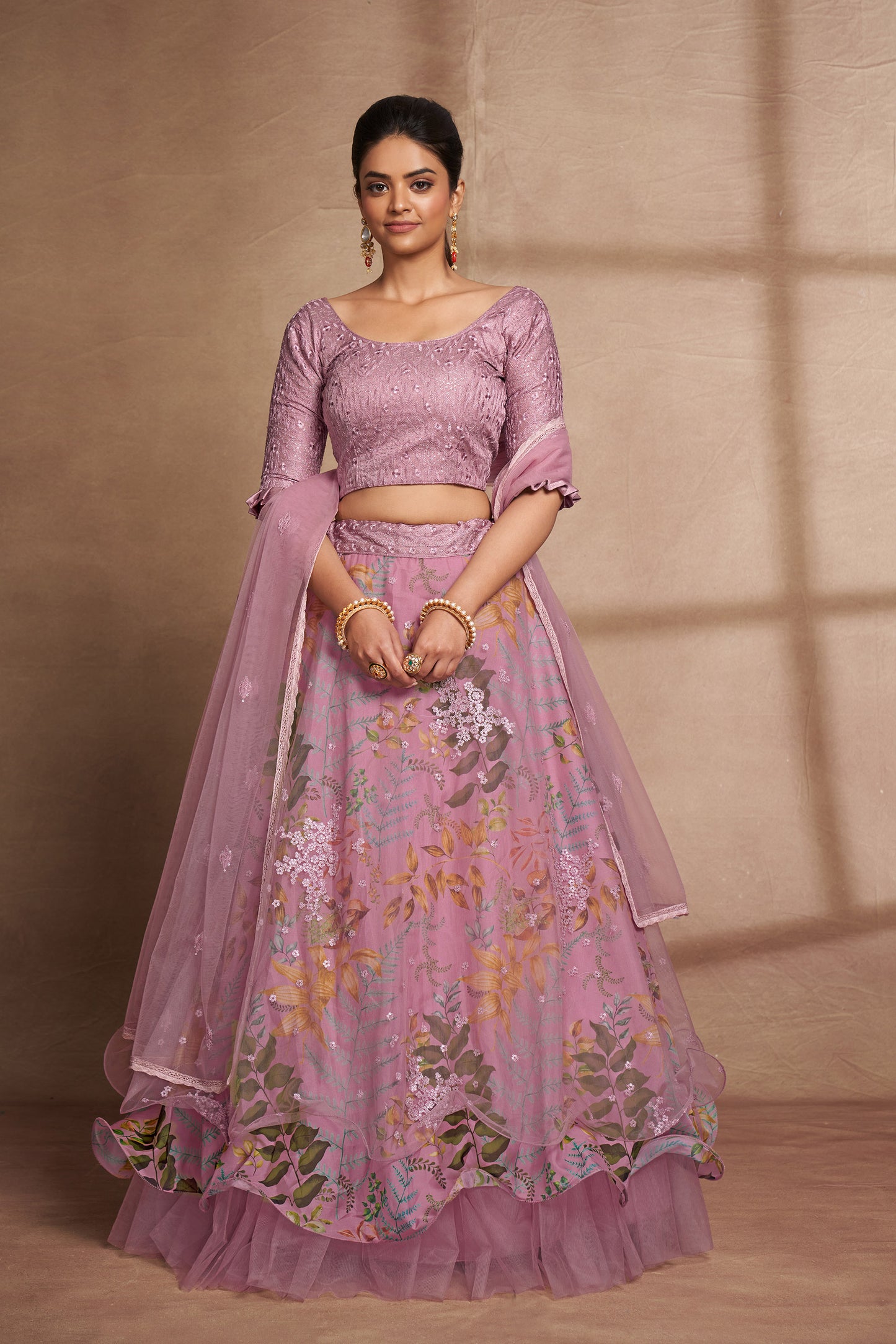 Purple Organza & Net Sequins Embroidery Engagement Lehenga