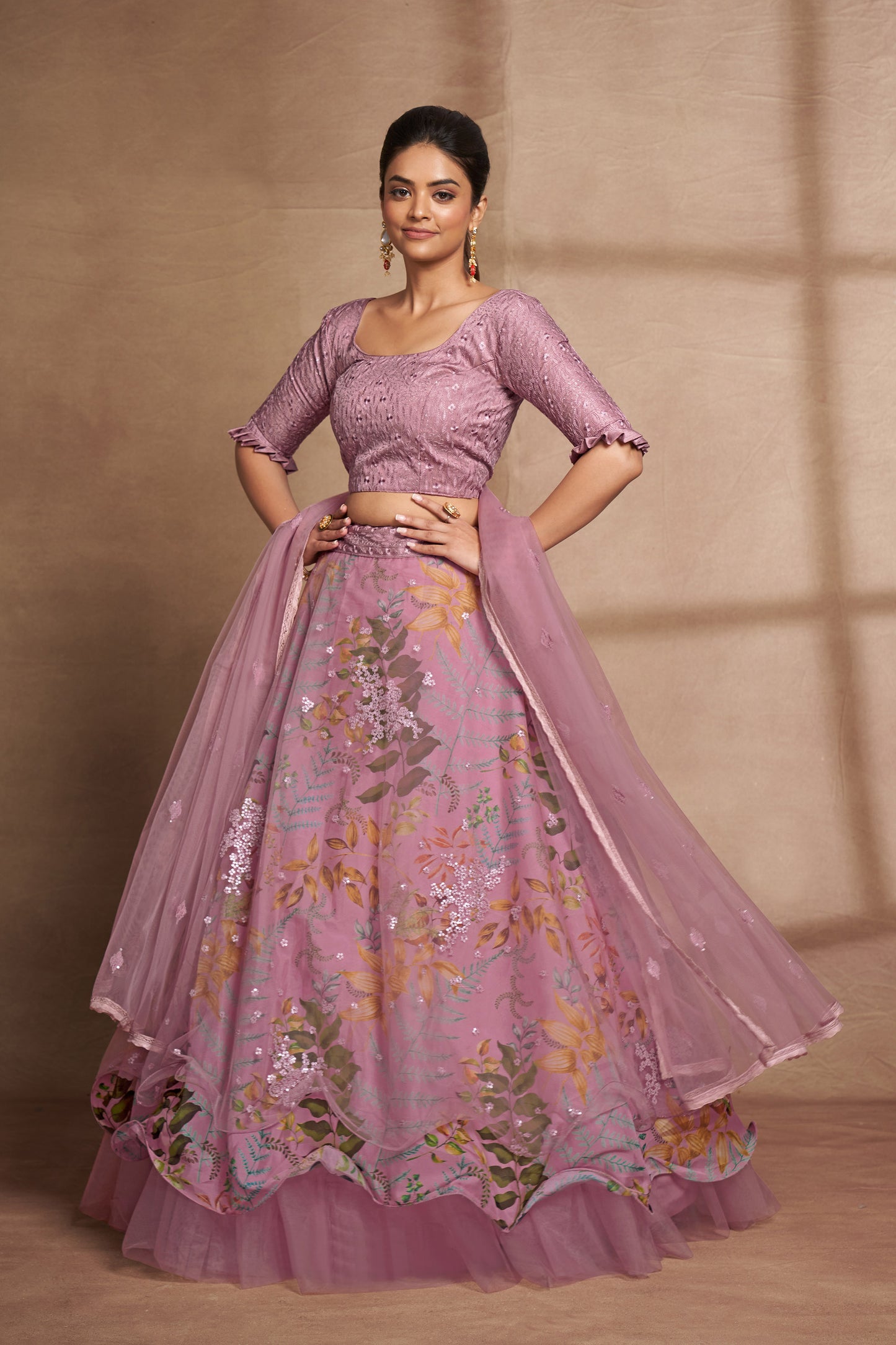 Purple Organza & Net Sequins Embroidery Engagement Lehenga