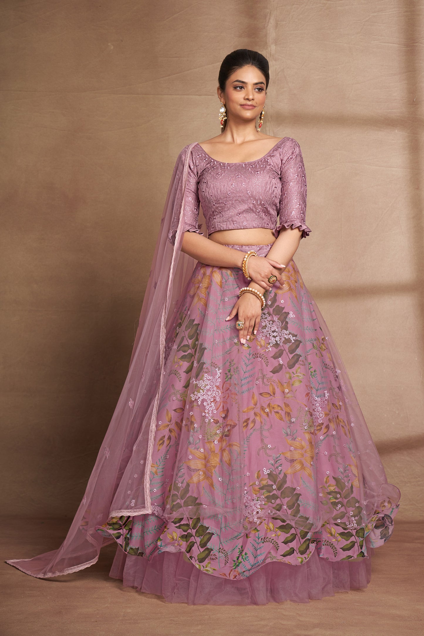 Purple Organza & Net Sequins Embroidery Engagement Lehenga