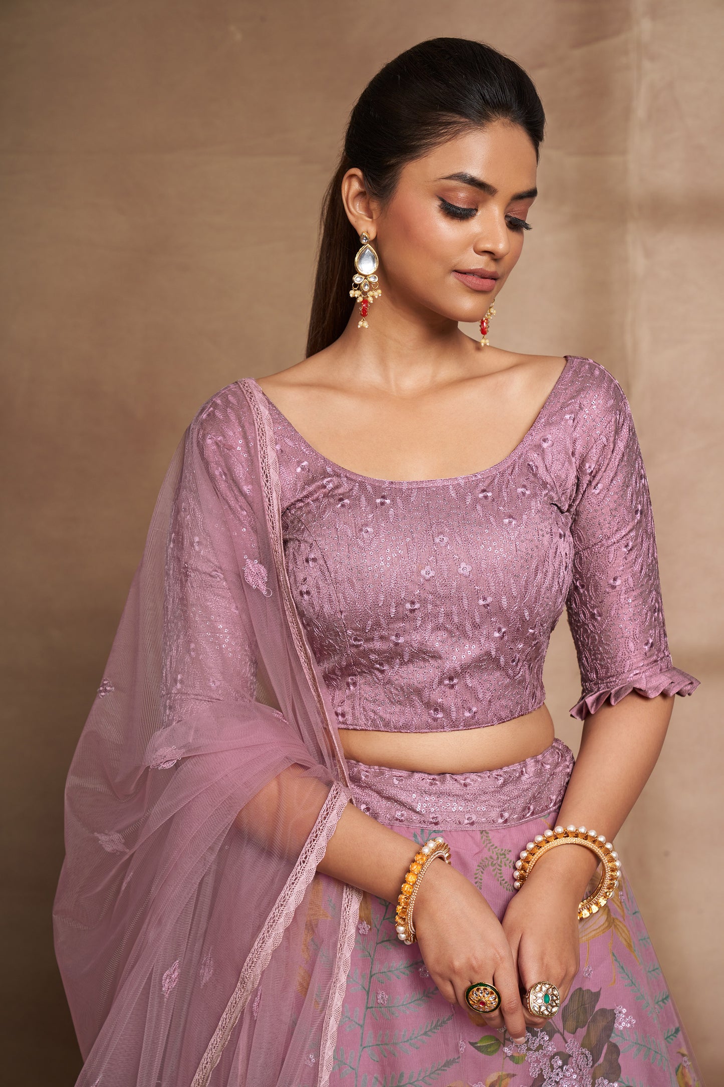 Purple Organza & Net Sequins Embroidery Engagement Lehenga