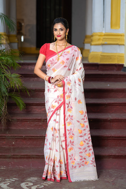 Handloom White & Red Pure Cotton Floral Motifs Jamdani Saree