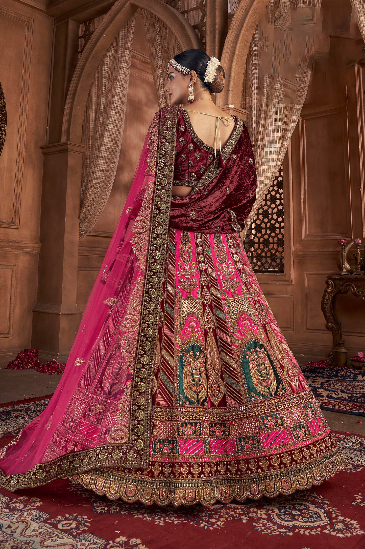 Rani Pink Velvet Hand Embroidered Heavy Bridal Lehenga