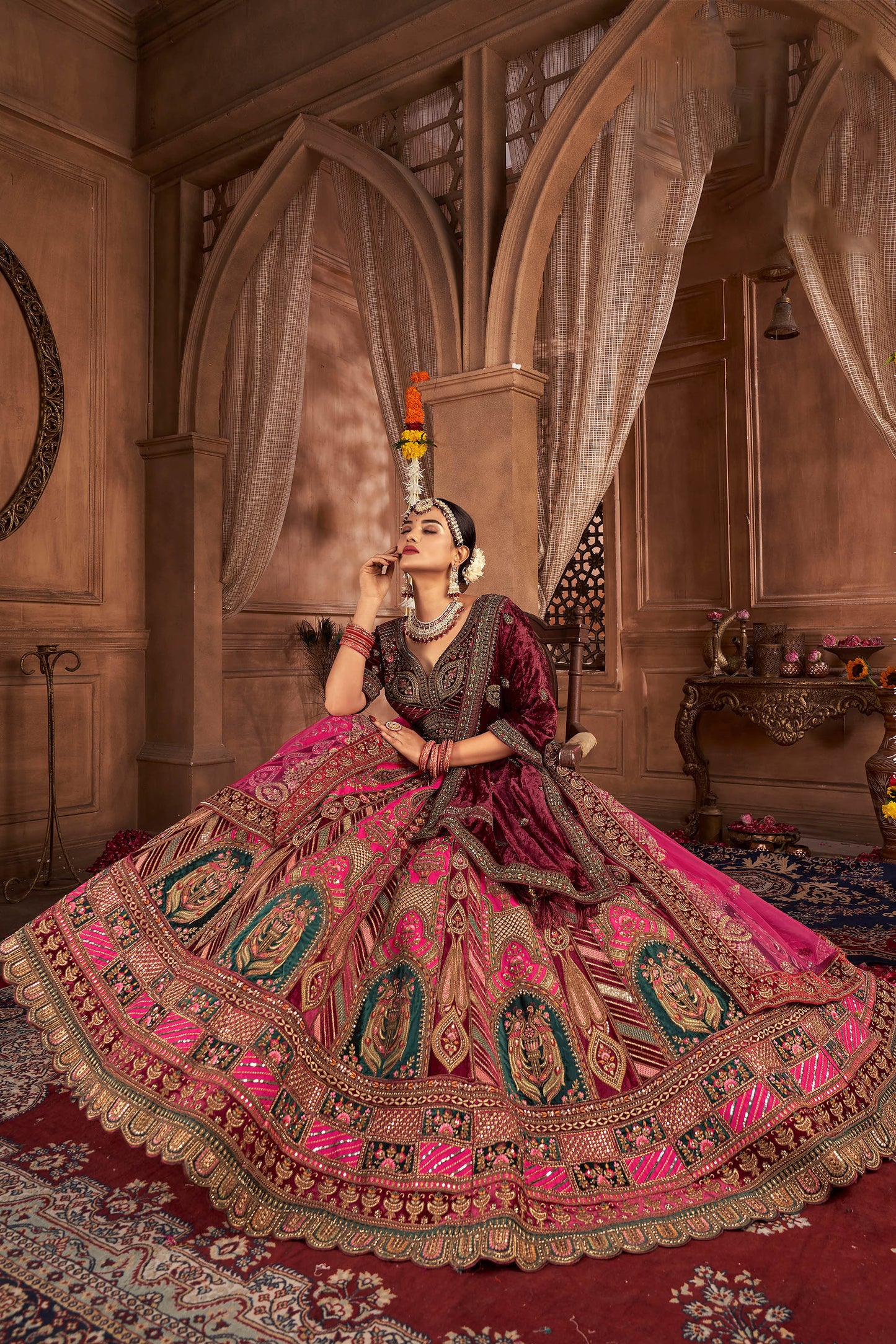 Rani Pink Velvet Hand Embroidered Heavy Bridal Lehenga