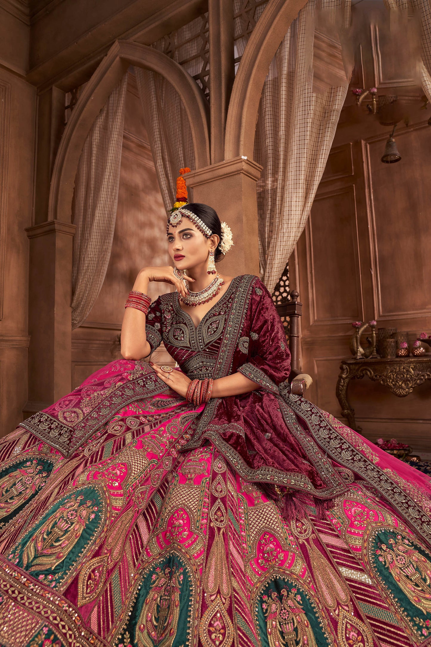 Rani Pink Velvet Hand Embroidered Heavy Bridal Lehenga