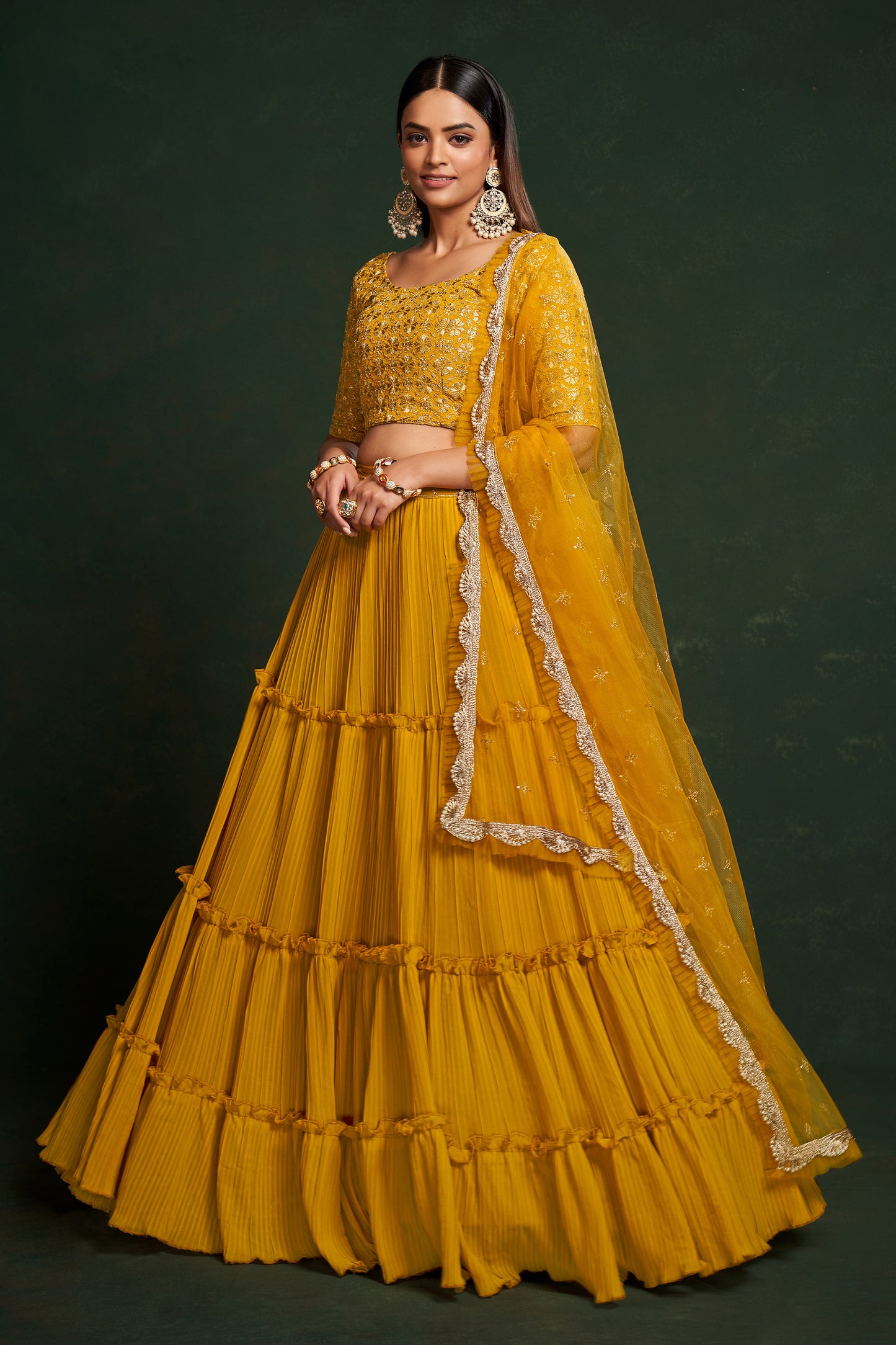 Yellow Faux Georgette Sequins Embroidery Haldi Lehenga