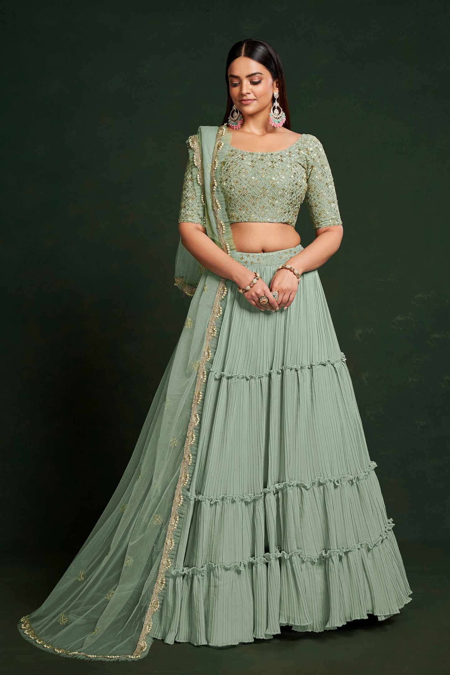 Pista Green Faux Georgette Sequins Embroidery Sangeet Lehenga