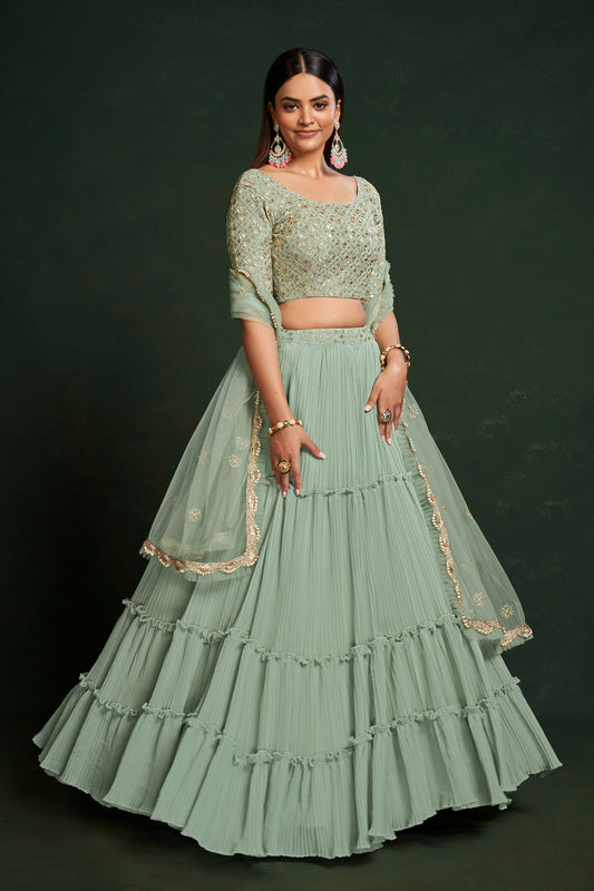 Pista Green Faux Georgette Sequins Embroidery Sangeet Lehenga