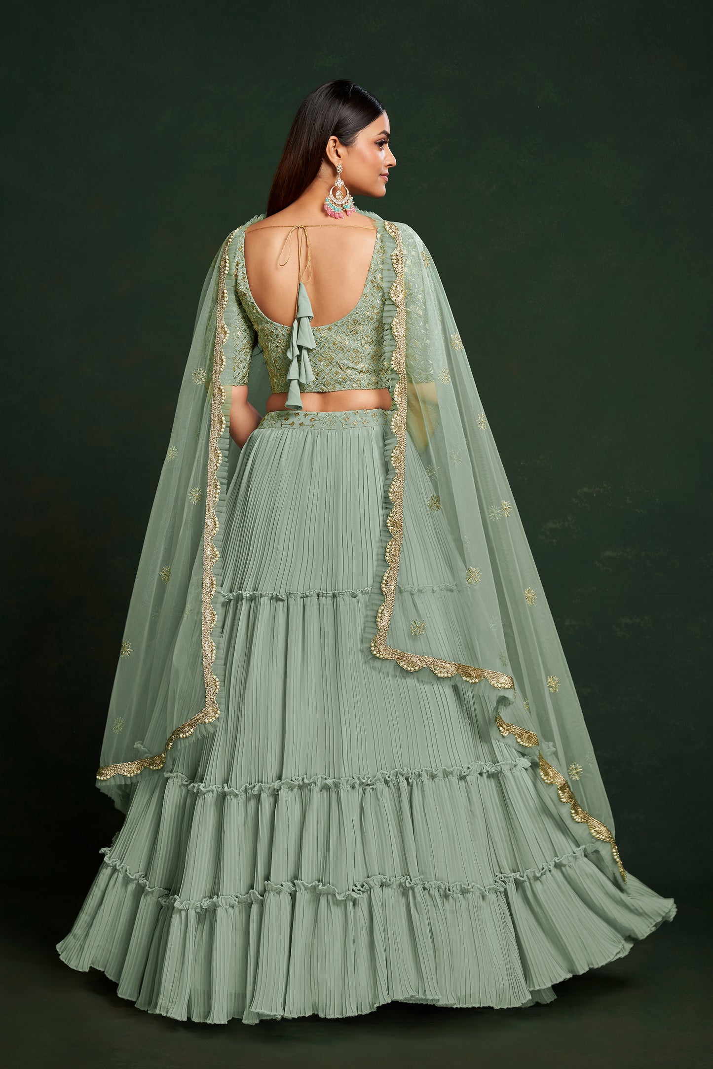 Pista Green Faux Georgette Sequins Embroidery Sangeet Lehenga