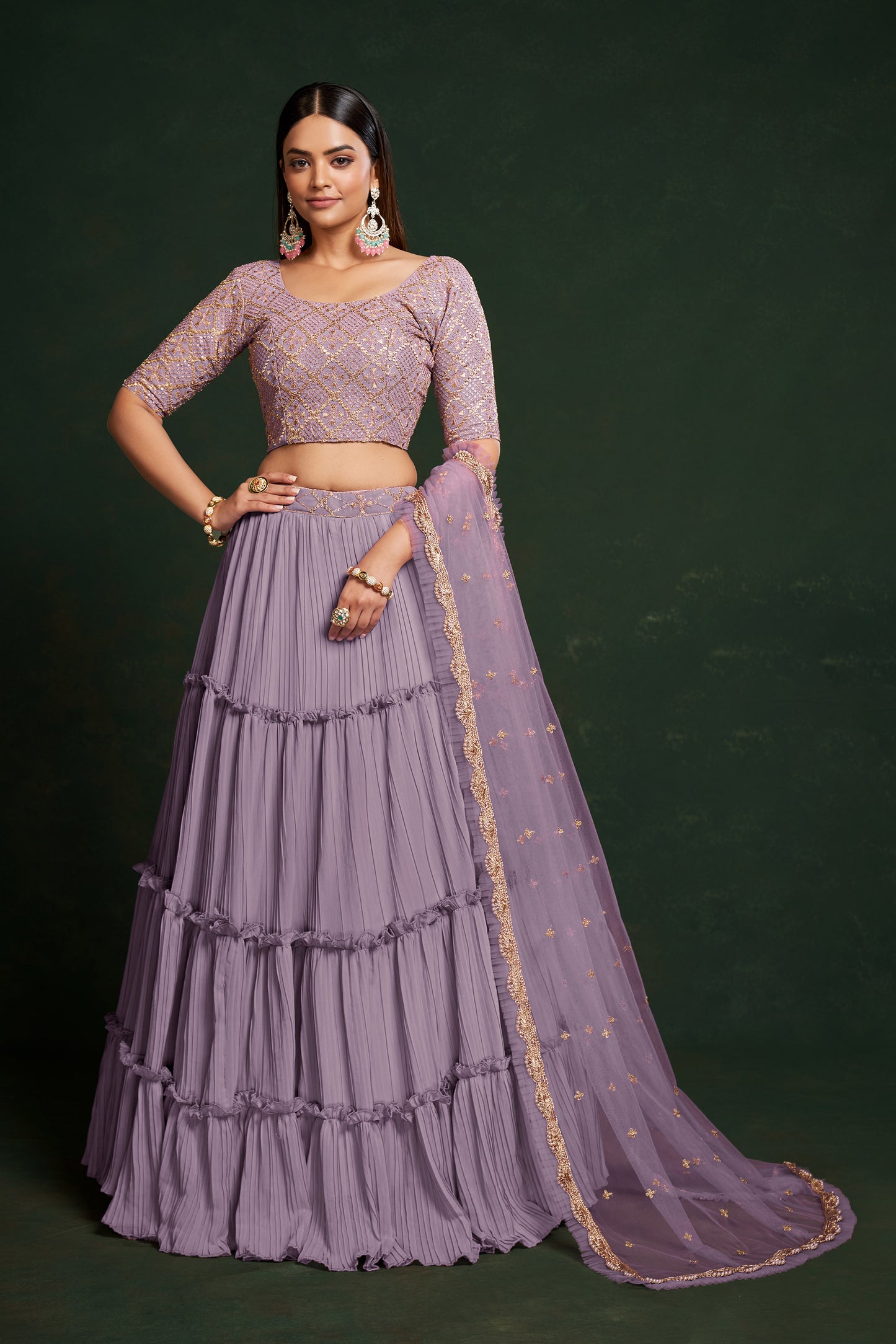 Purple Faux Georgette Sequins Embroidery Lehenga