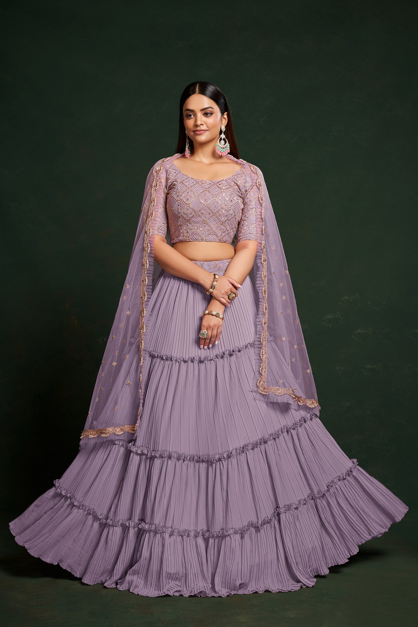 Purple Faux Georgette Sequins Embroidery Lehenga