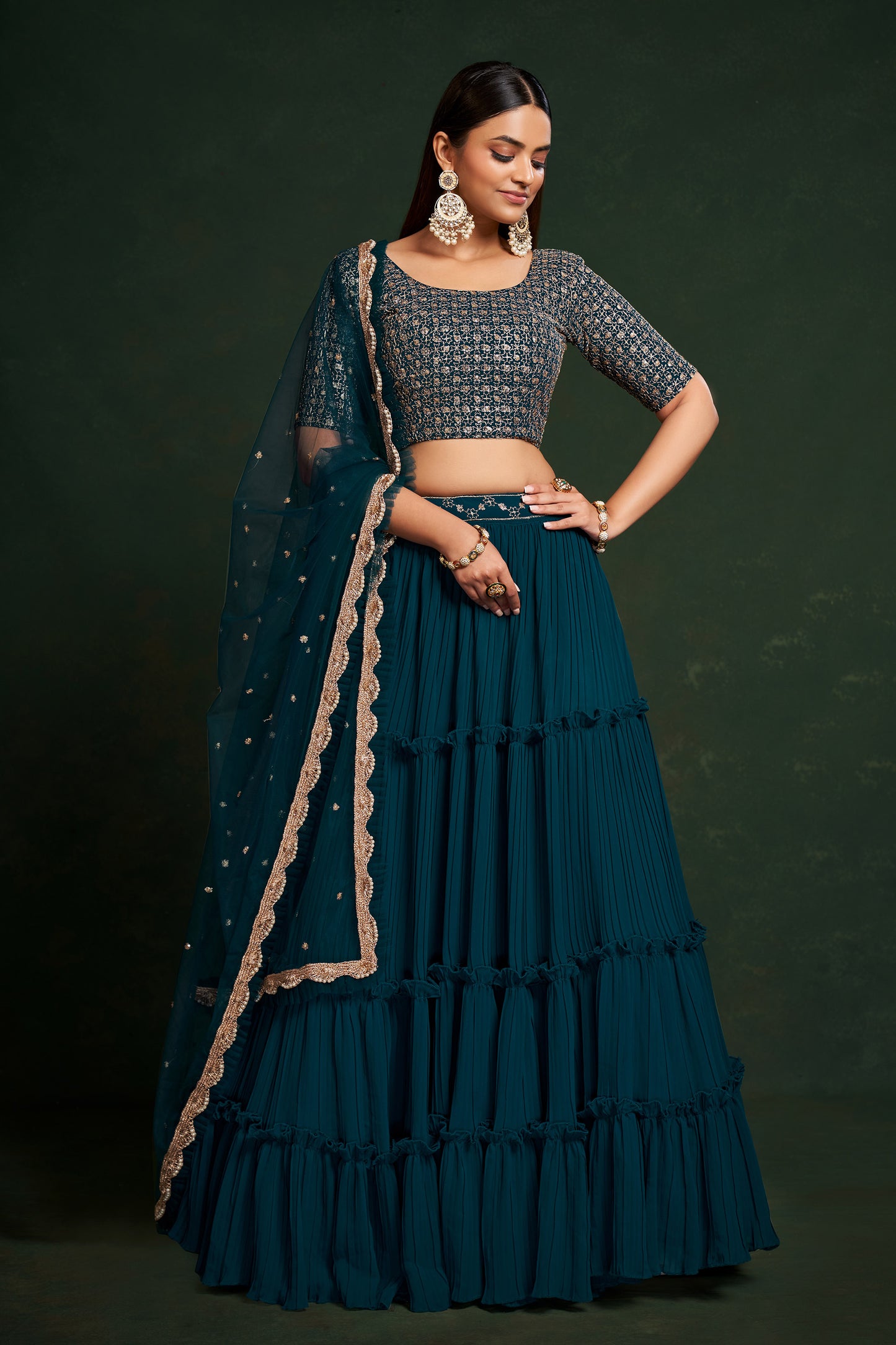 Teal Blue Faux Georgette Sequins Embroidery Lehenga