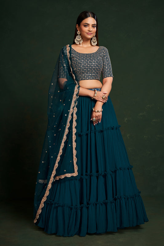 Teal Blue Faux Georgette Sequins Embroidery Lehenga