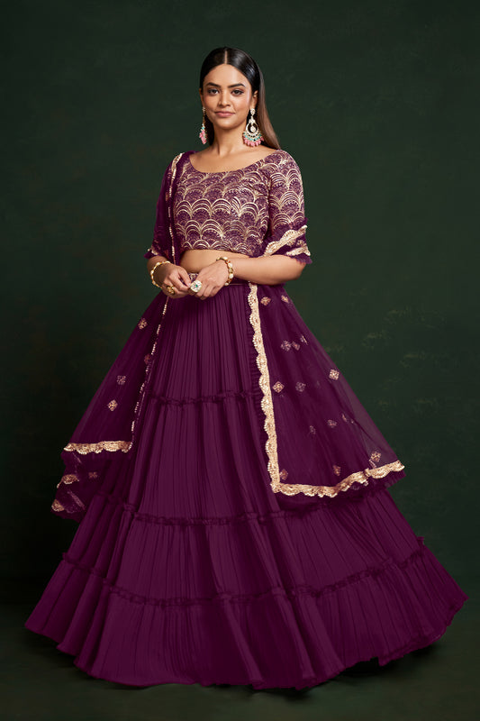 Dark Purple Faux Georgette Sequins Embroidery Sangeet Lehenga