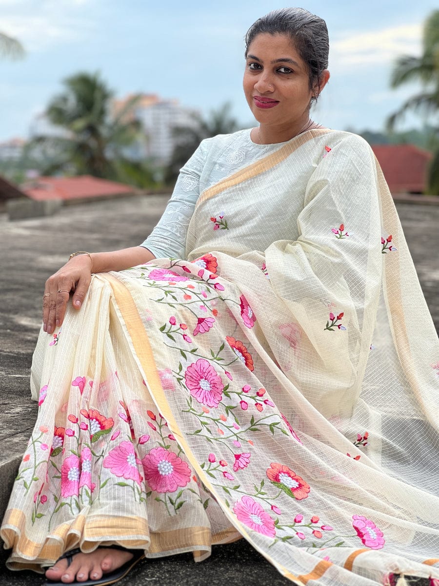 Elegant Embroidered Pink Flower Linen Saree | Embroidered Linen Saree By Rank Never Retire