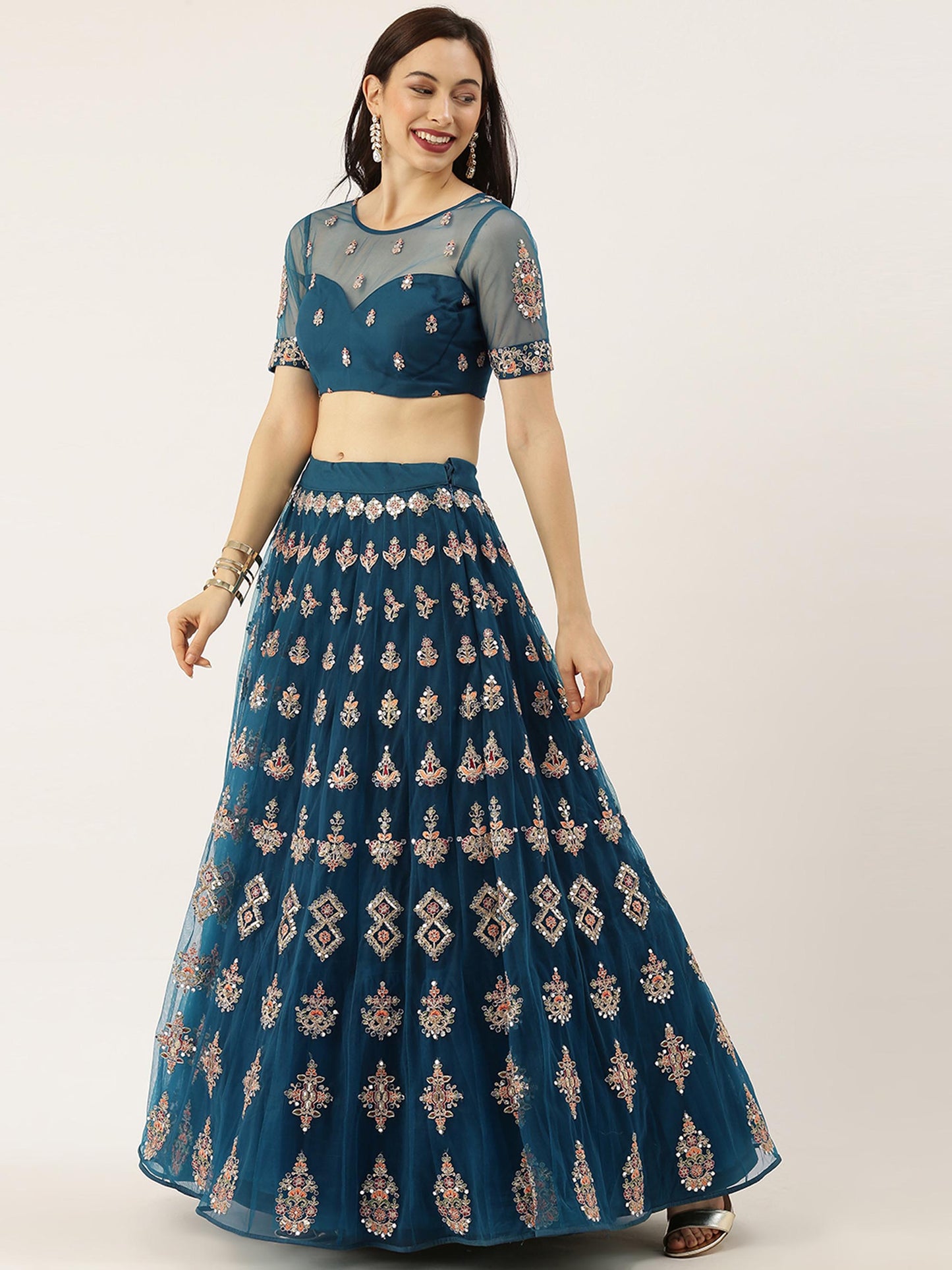 Teal Net Semi stitched Mirror and Coding Work Lehenga Choli