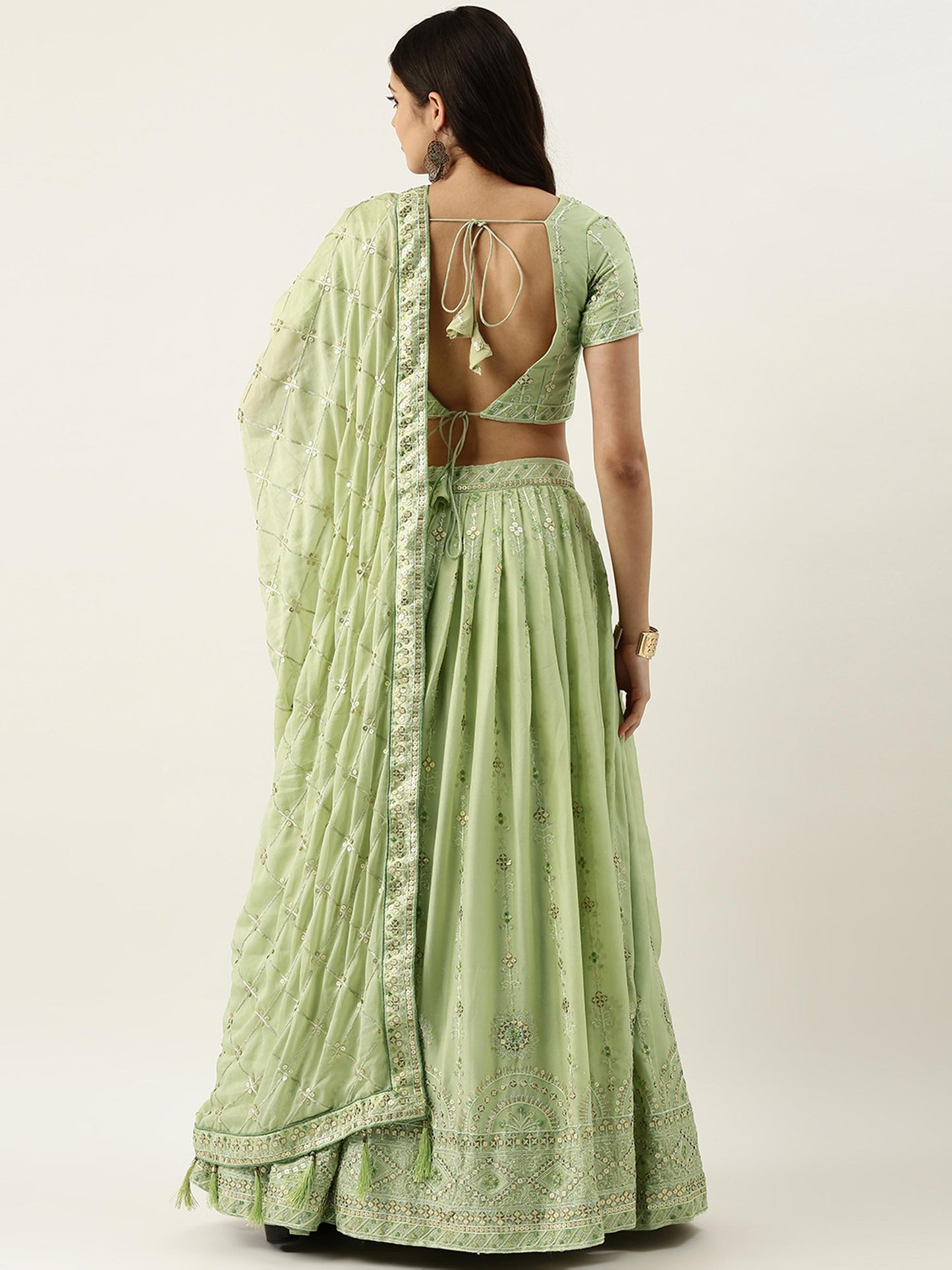 Pista Green Pure Georgette Embroidered Semi-Stitched Lehenga & Unstitched Blouse Dupatta