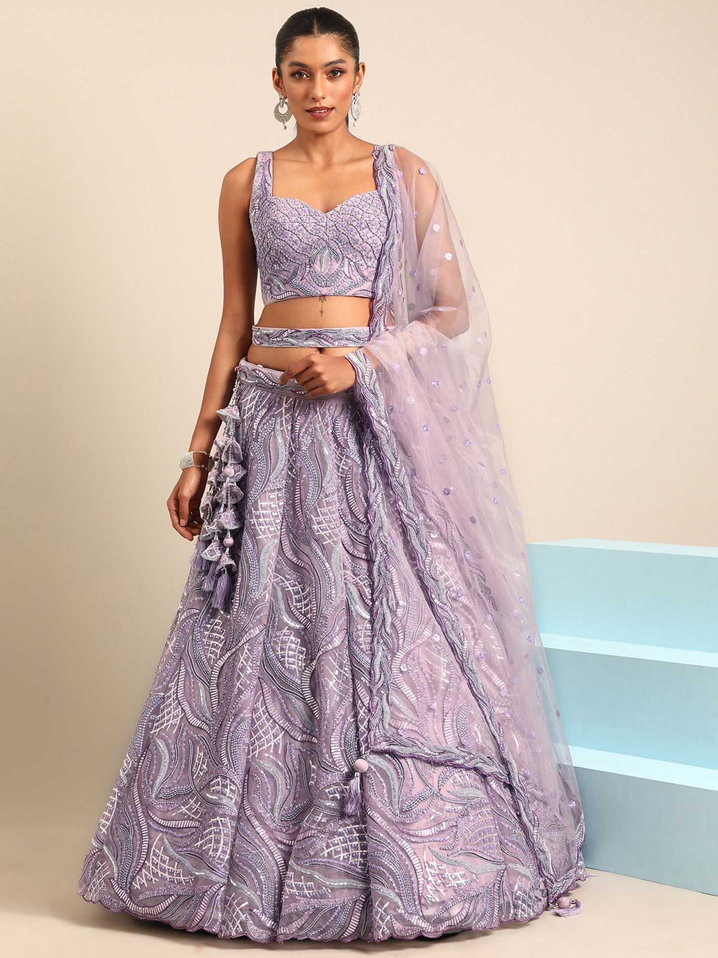 Lavender Net Sequins and Zarkan embroidery Lehenga