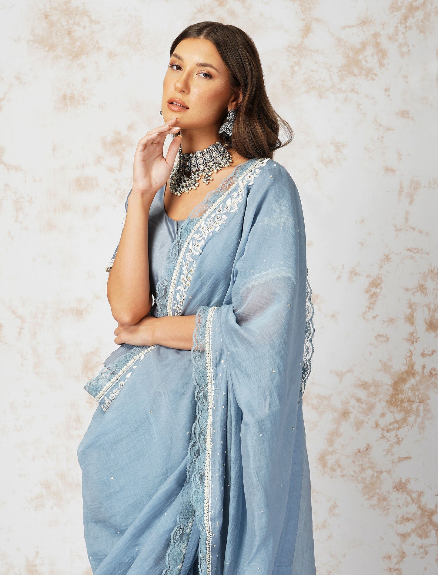 Baroque Work Pigeon Blue Saree Set