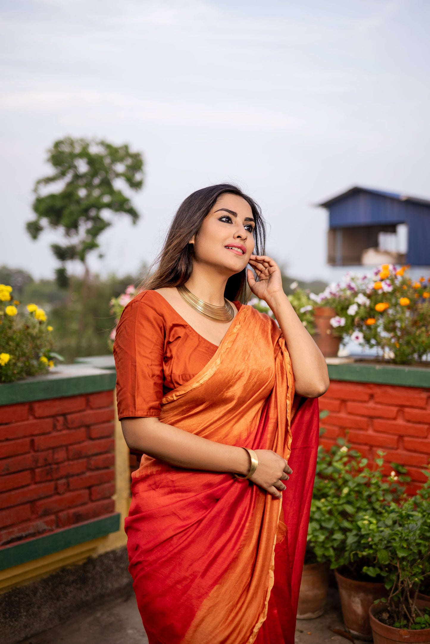 Red and Orange ombre chanderi silk saree