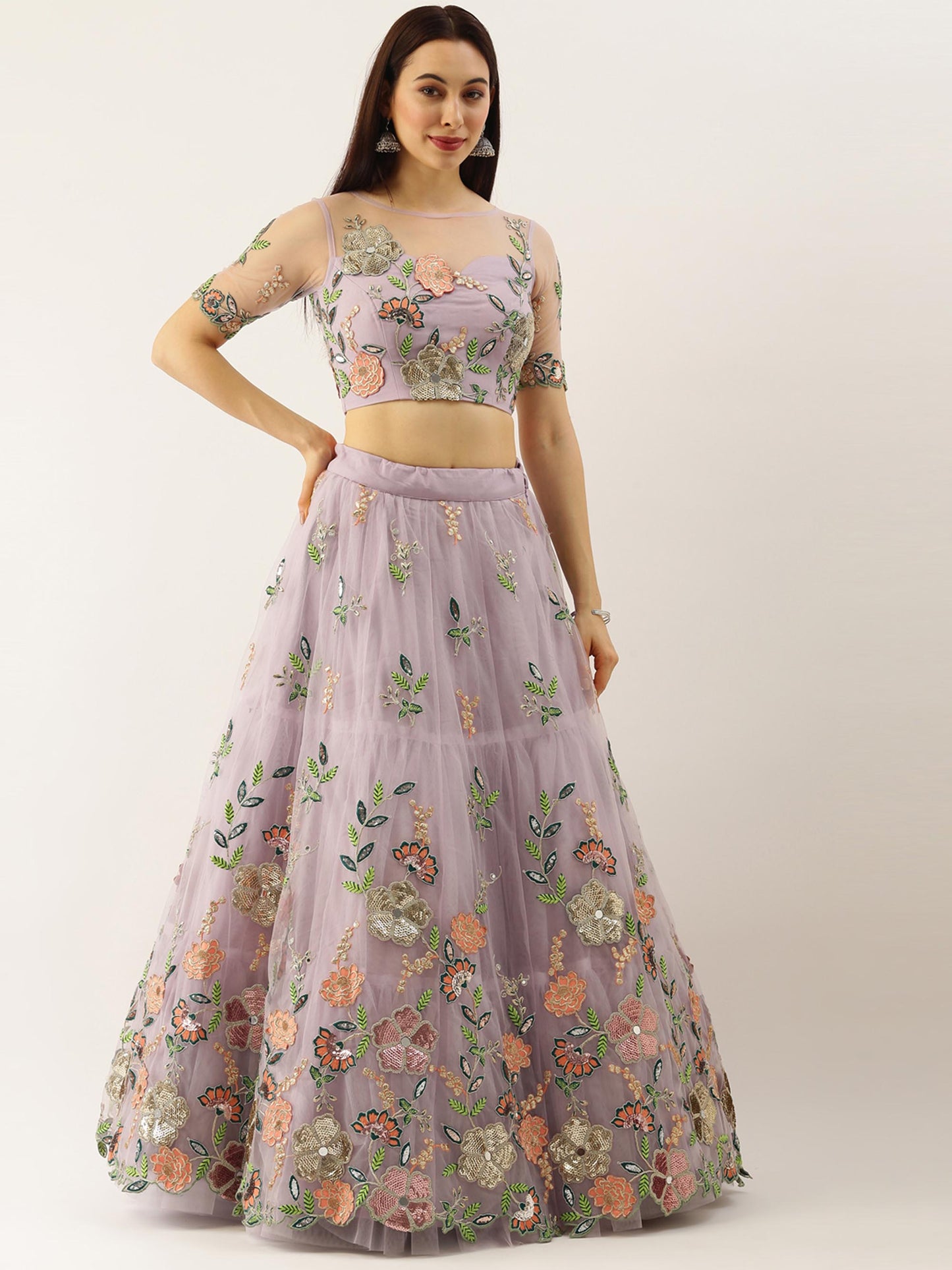 Lavender - Net Embroidered Sequence Semi-Stitched Lehenga