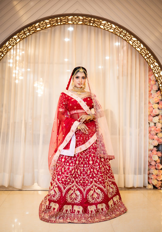 Crimson Linen Silk Zardosi marwari lehenga