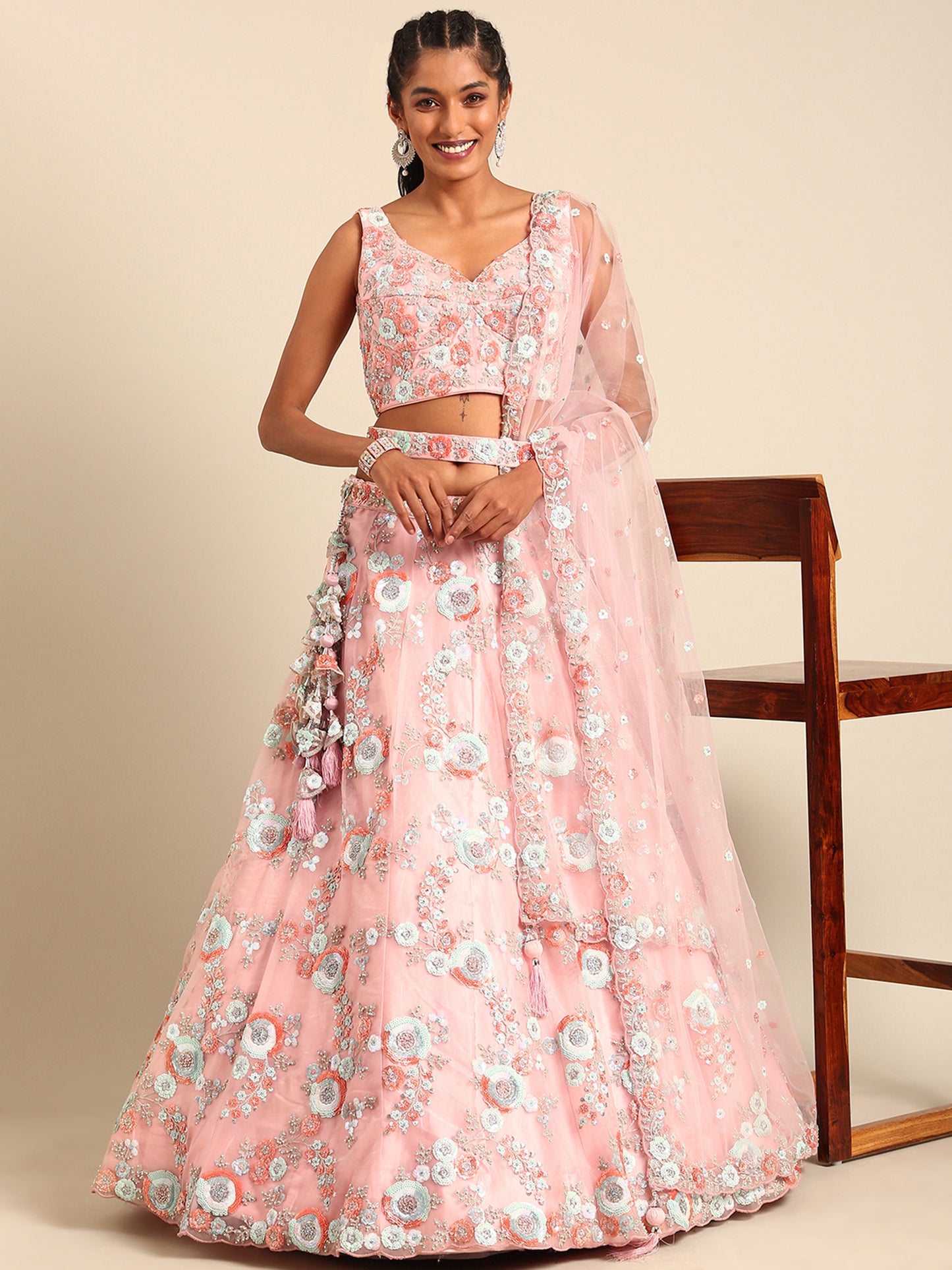 Pink Net Sequins and Zarkan embroidery Lehenga