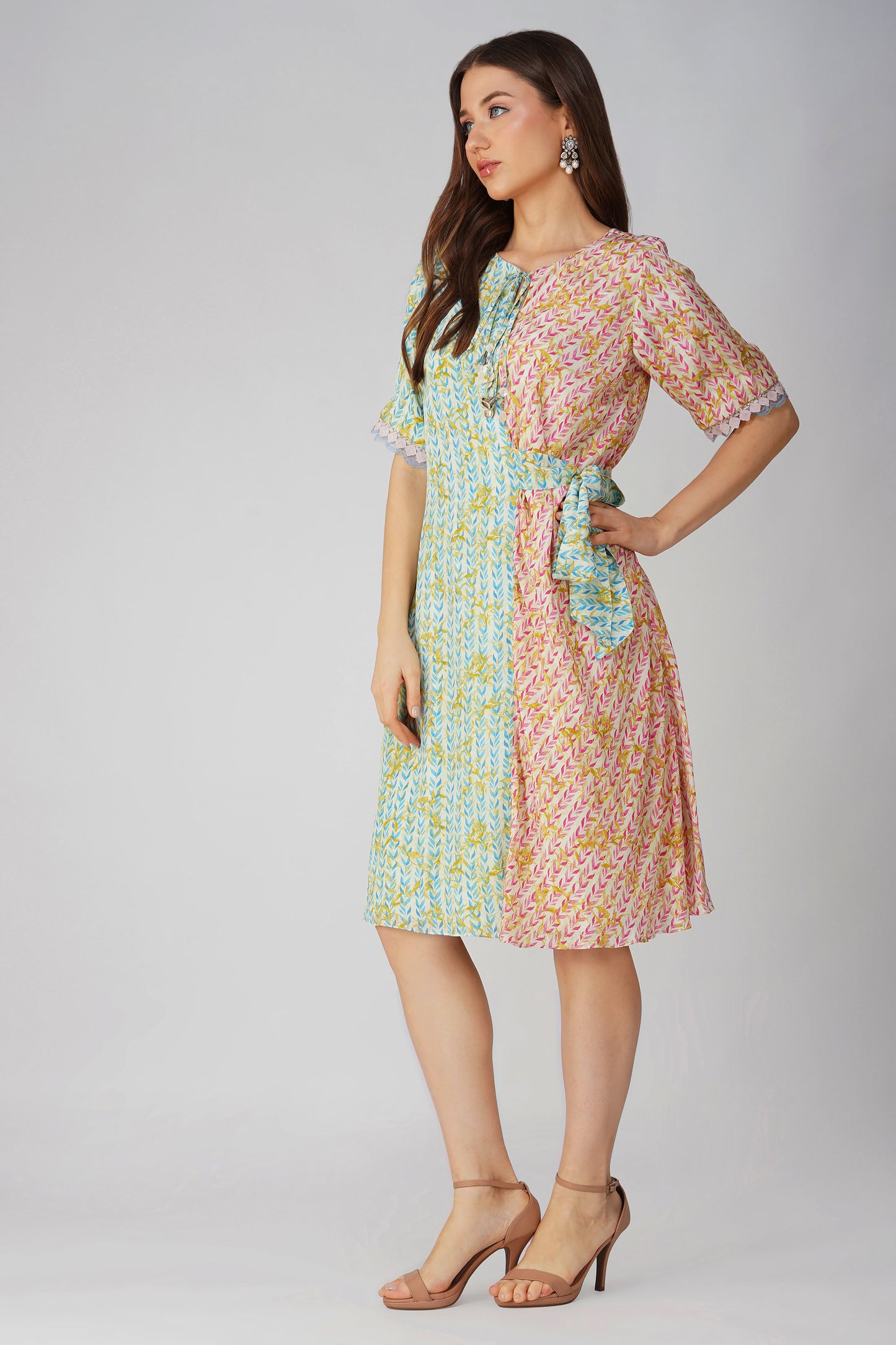 Leaf Printed Pink & Blue Asymmetrical Dress