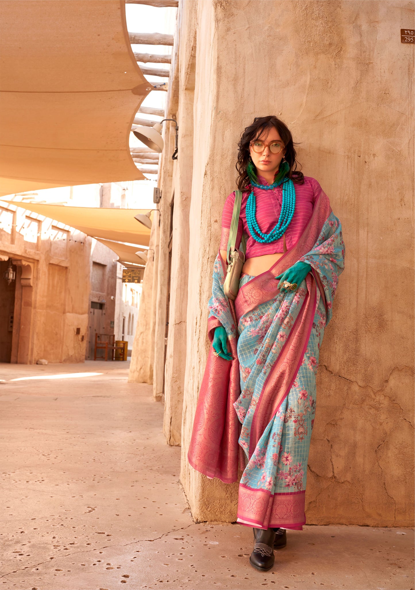 Green Pink Kuro Georgette Printed Handloom Saree