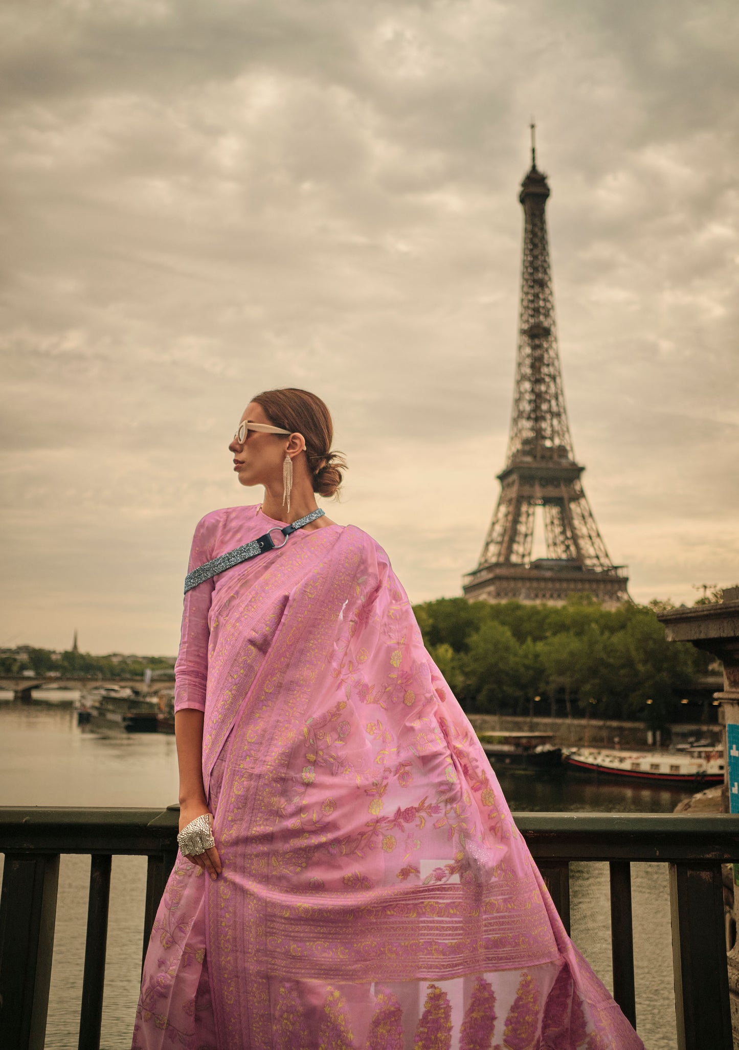 Lavender Pink Kalila Silk Kashmiri Organza handloom saree