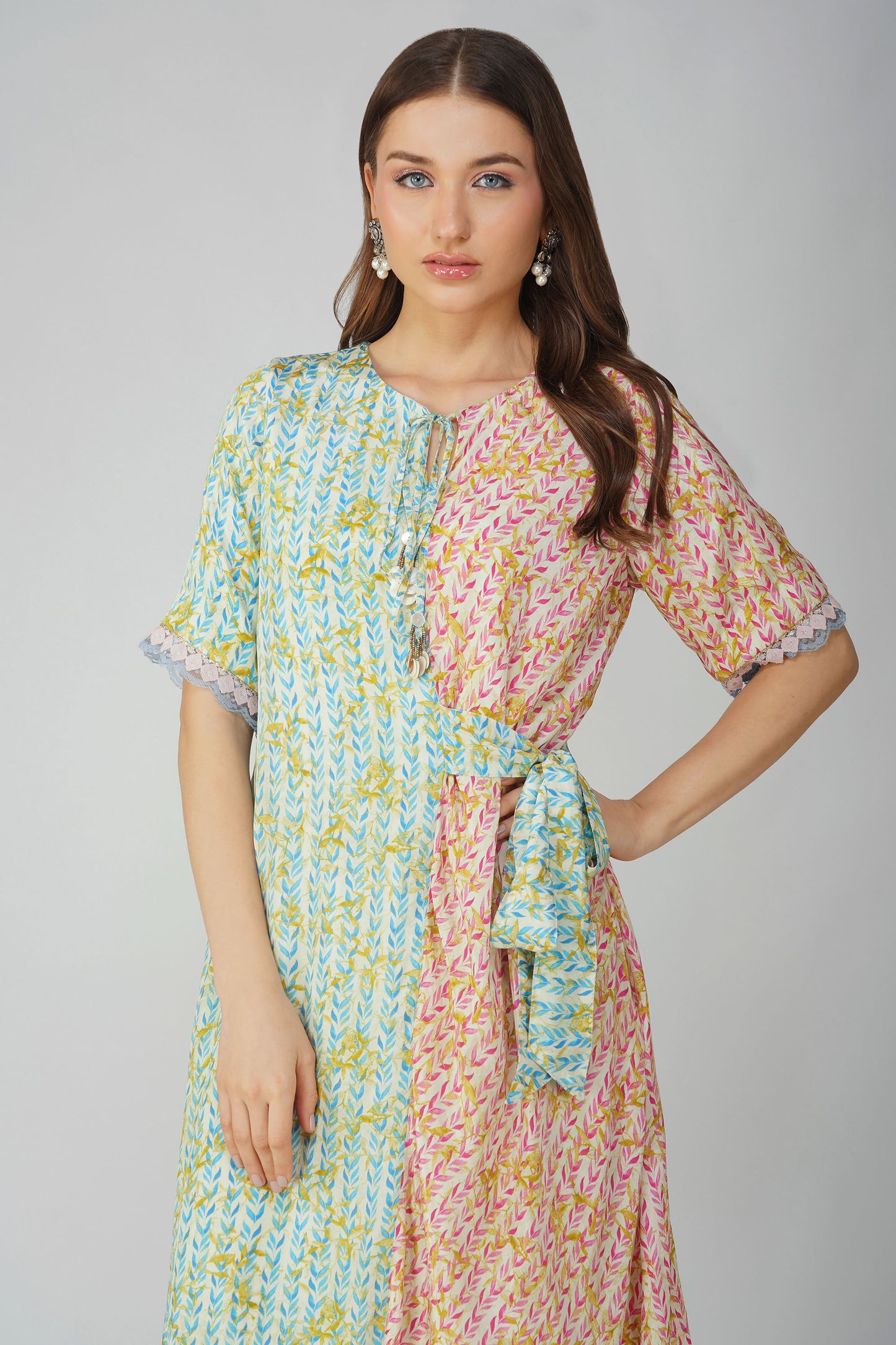 Leaf Printed Pink & Blue Asymmetrical Dress