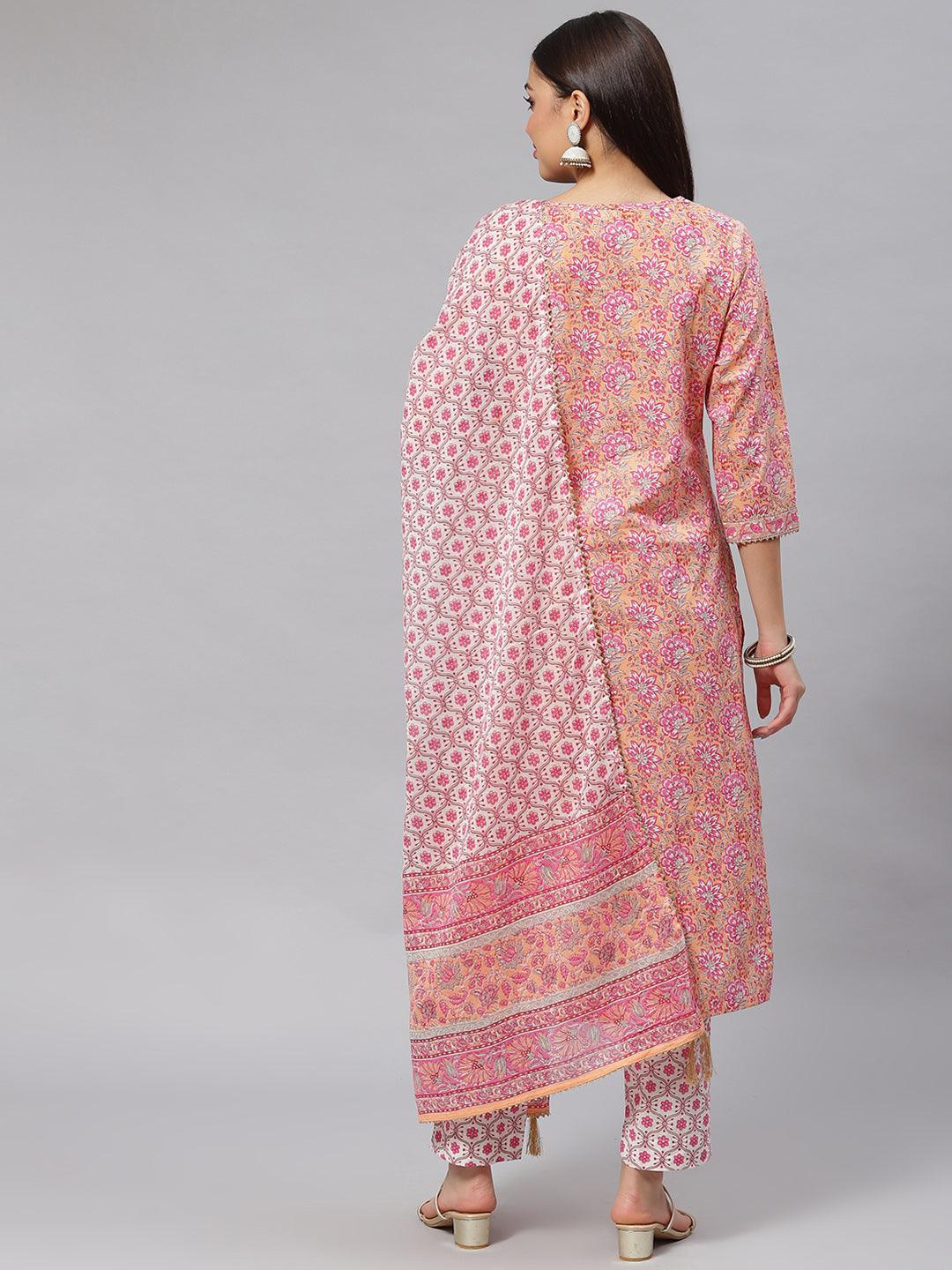 Divena Pink Cotton kurta Pant set with Dupatta - divena world-Mohi