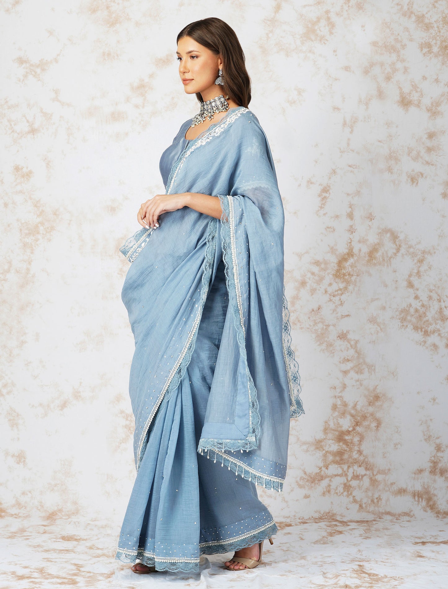 Baroque Work Pigeon Blue Saree Set