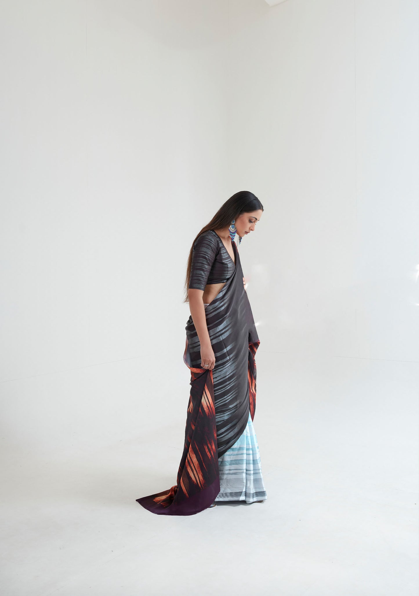 Black and Brown Stripes Kouture Printoria Digital Silk Saree