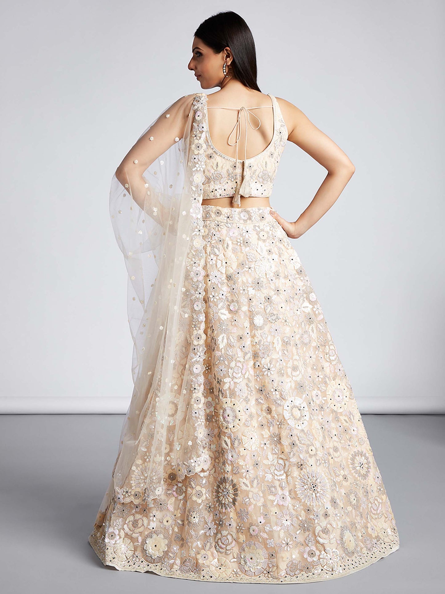 Cream Net Sequins, Mirror and thread embroidery Lehenga choli & Dupatta