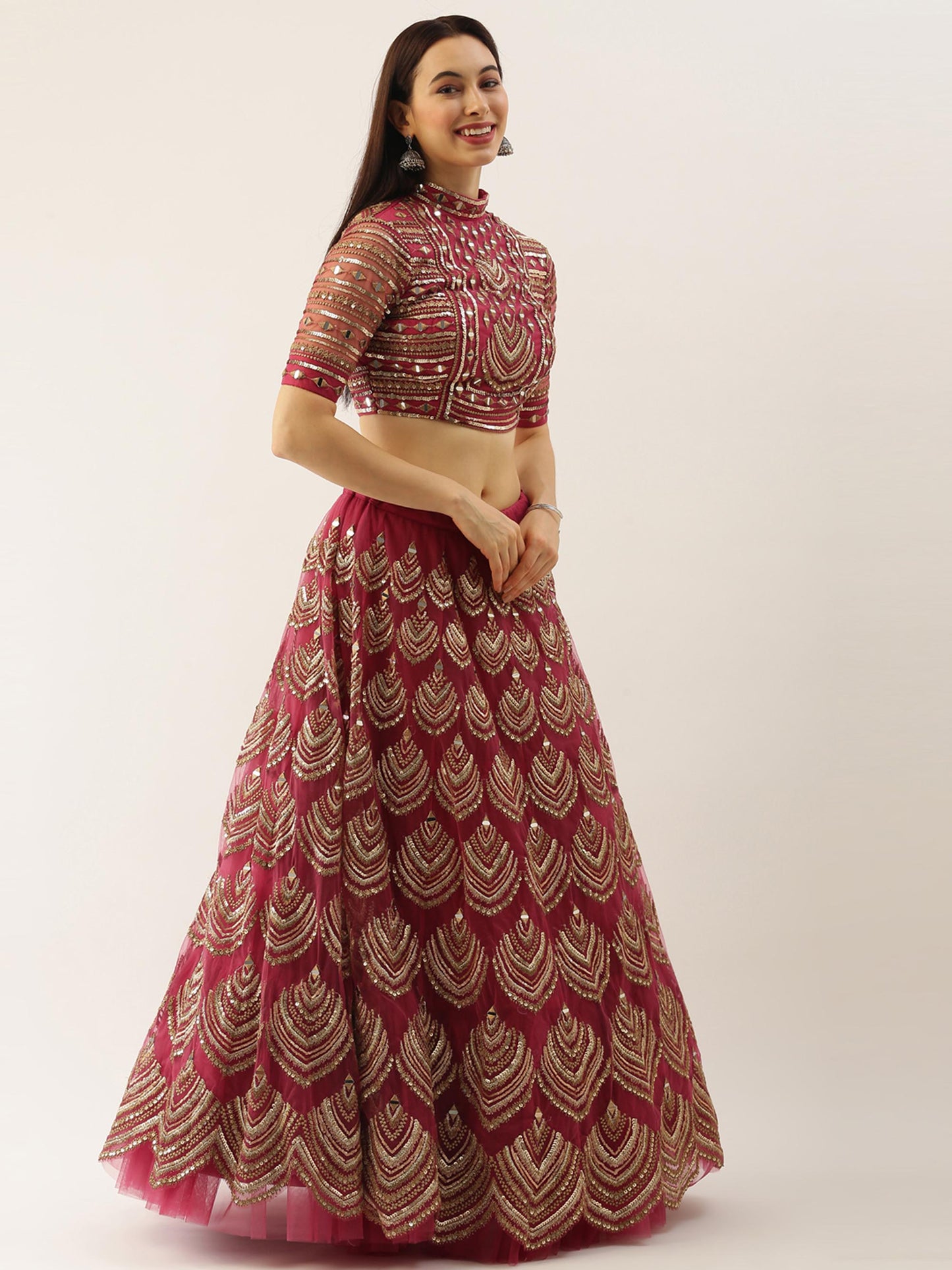 Women Rosegold Net Embroidered Mirror Semi-Stitched Lehenga & Unstitched Blouse with Dupatta