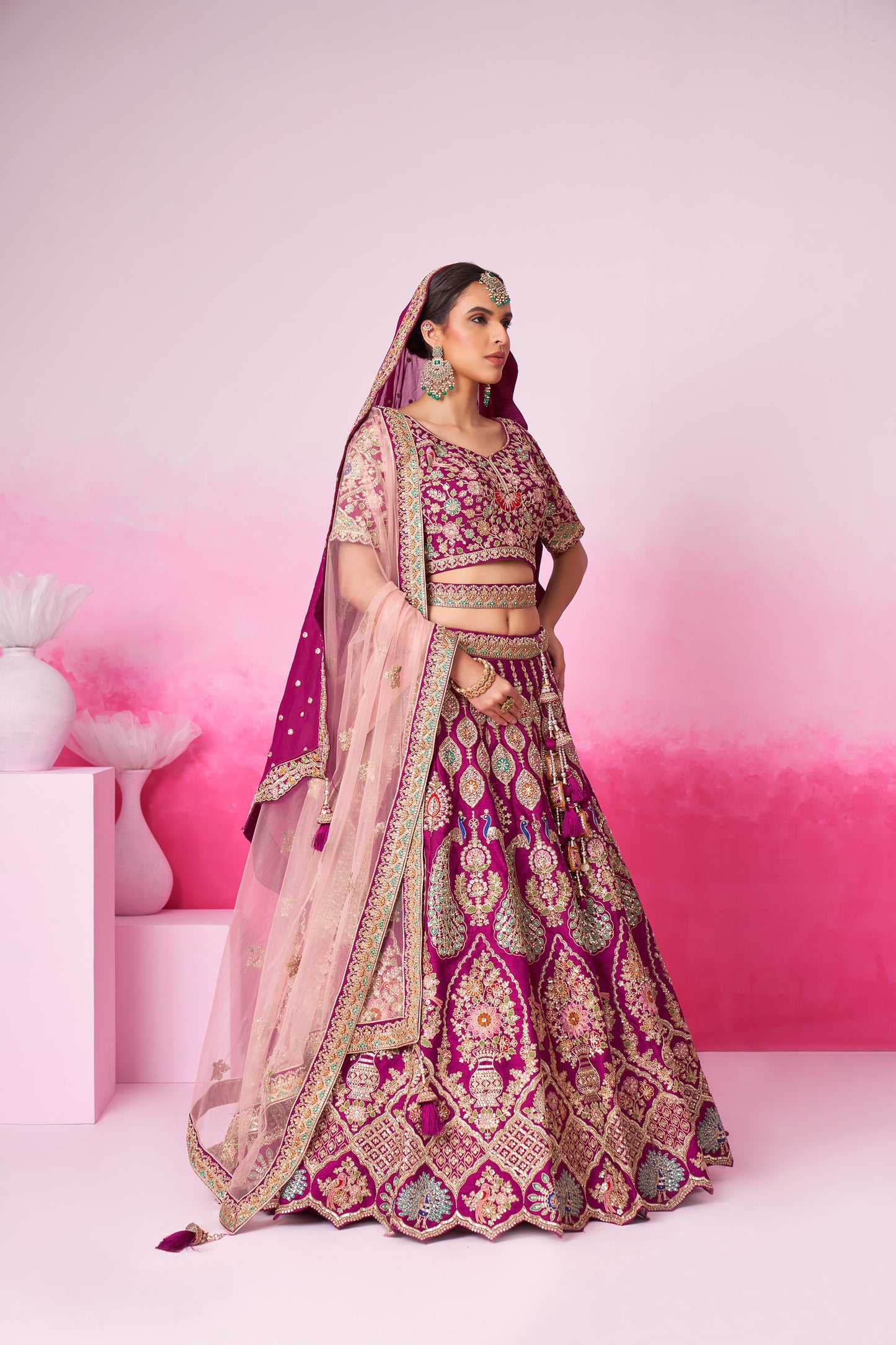 Burgundy Pure silk Moti, Sequins embroidery Bridal Lehenga choli