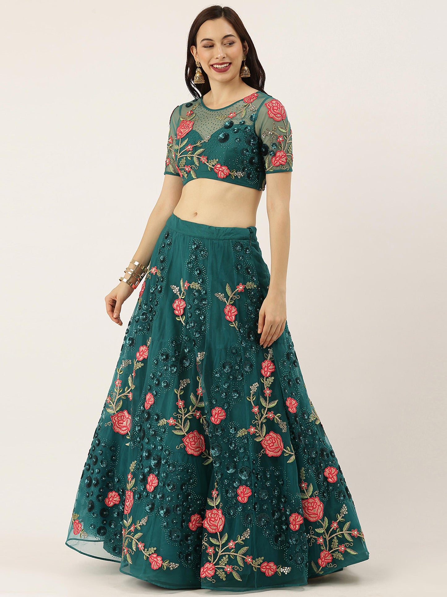 Teal Net Semi stitched Coding, Sequins and Saroski Stone Work Lehenga Choli