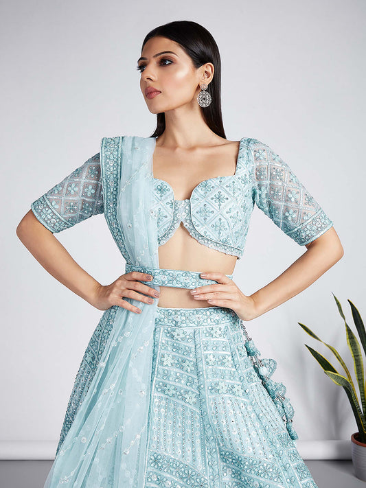 Turquoise blue Net Sequins, Zarkan and thread embroidery Lehenga
