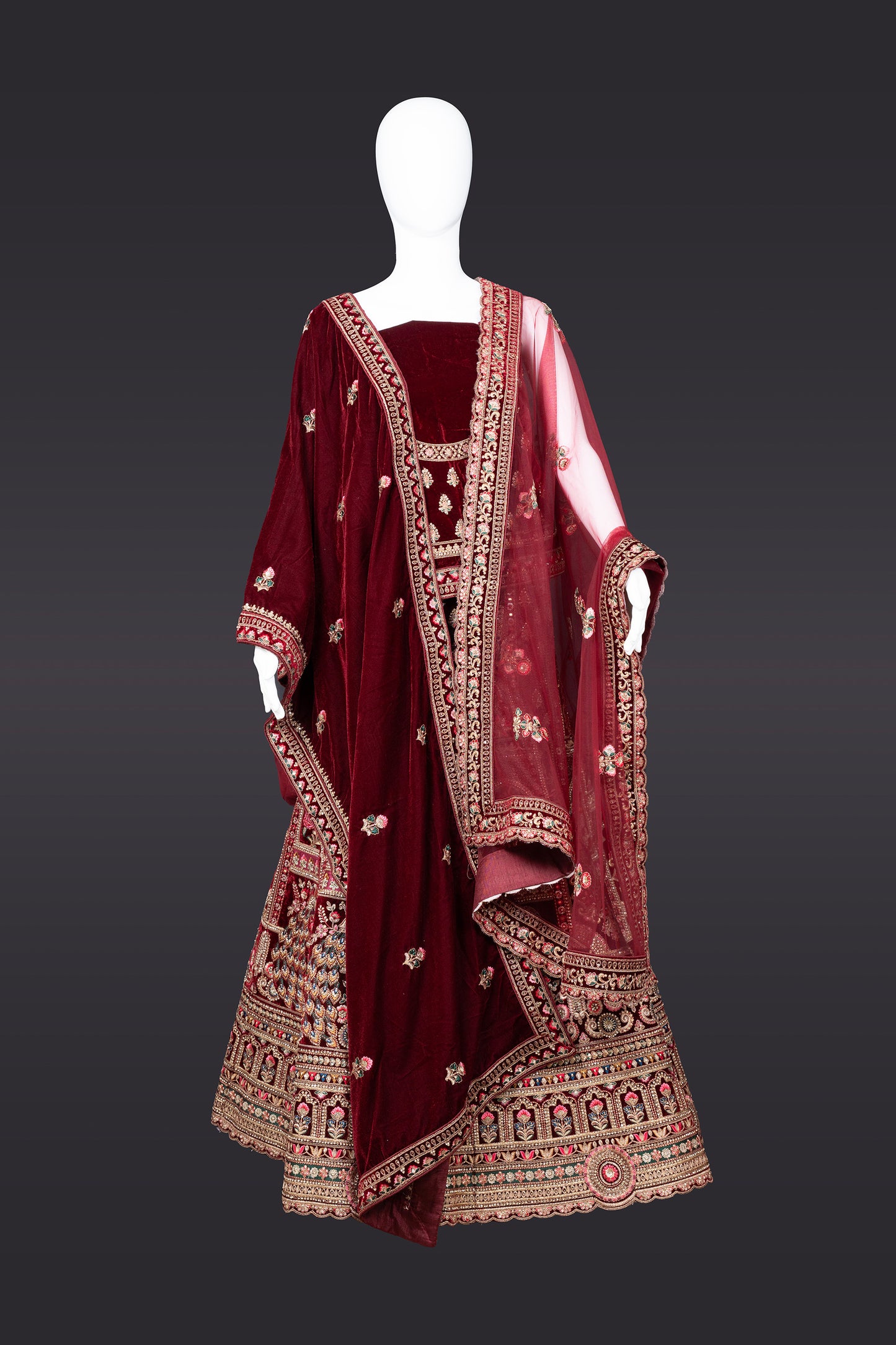 Maroon Gold Velvet Bridal Lehenga with Double Dupatta