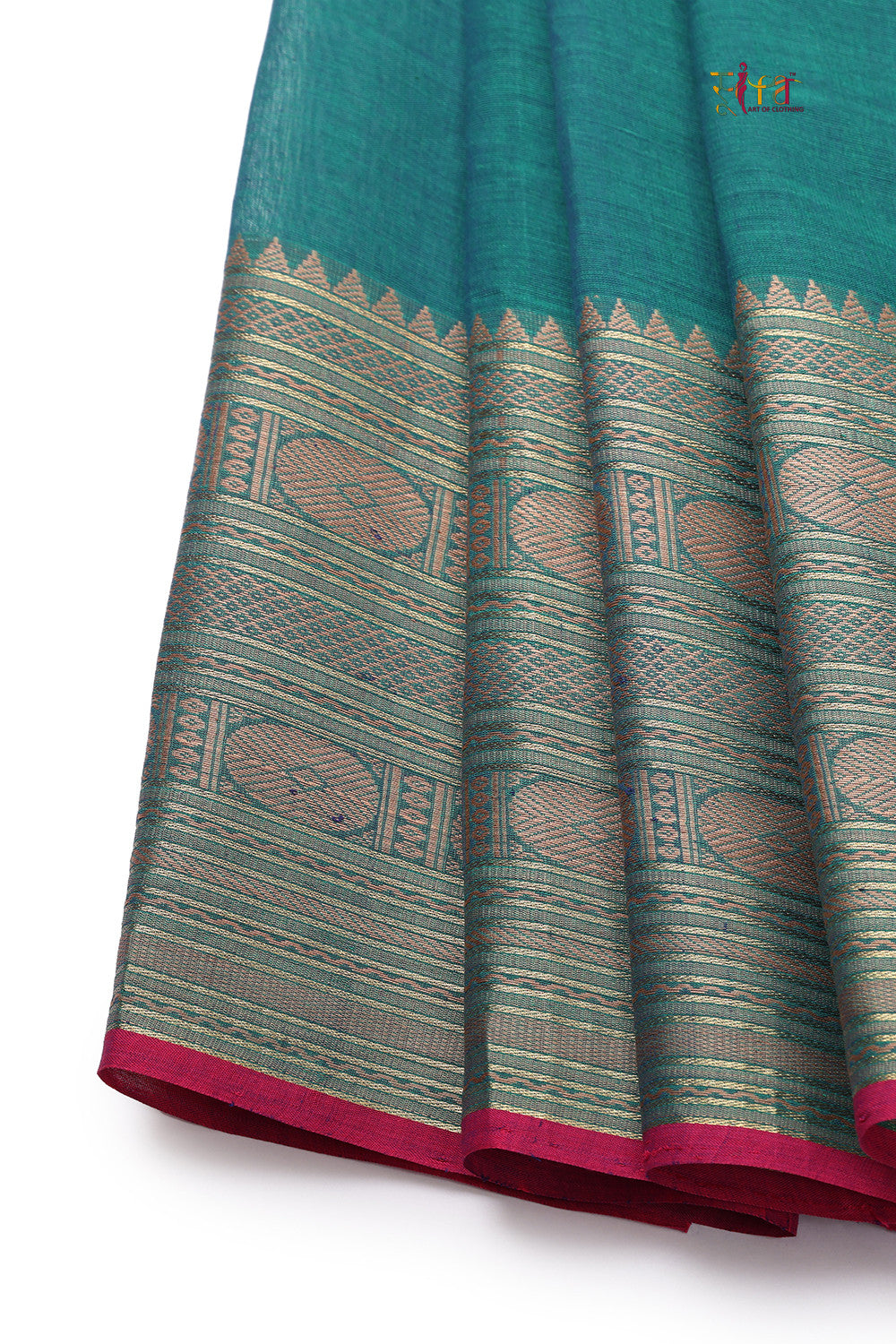 Handloom Jade Green Pure Cotton Kanchi Saree With Silver Zari Border & Pallu