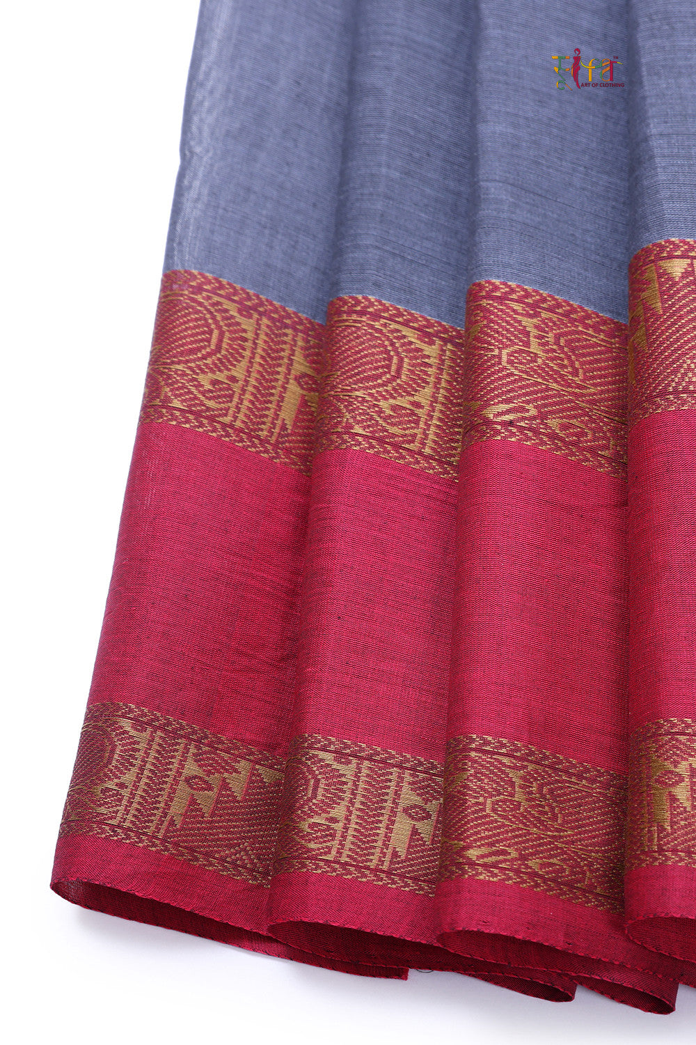 Handloom Slate Grey pure Cotton Kanchi Saree with Deep Pink Border