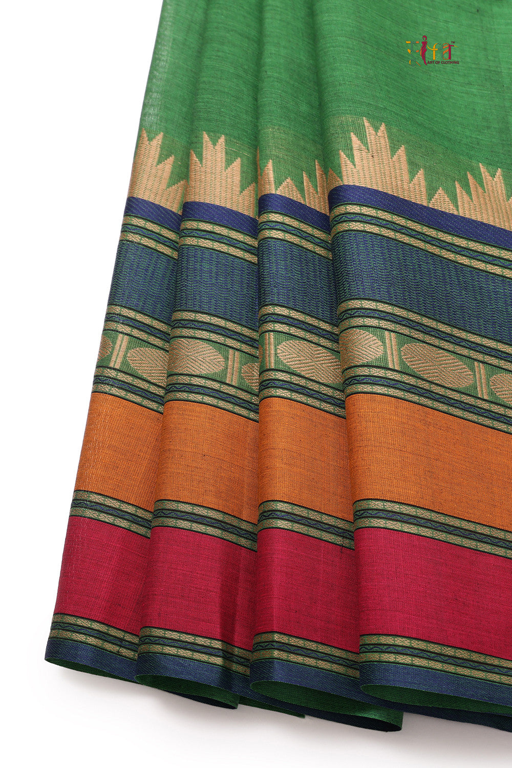 Handloom Spring Green Pure Cotton Kanchi Saree With Pink & Orange Border